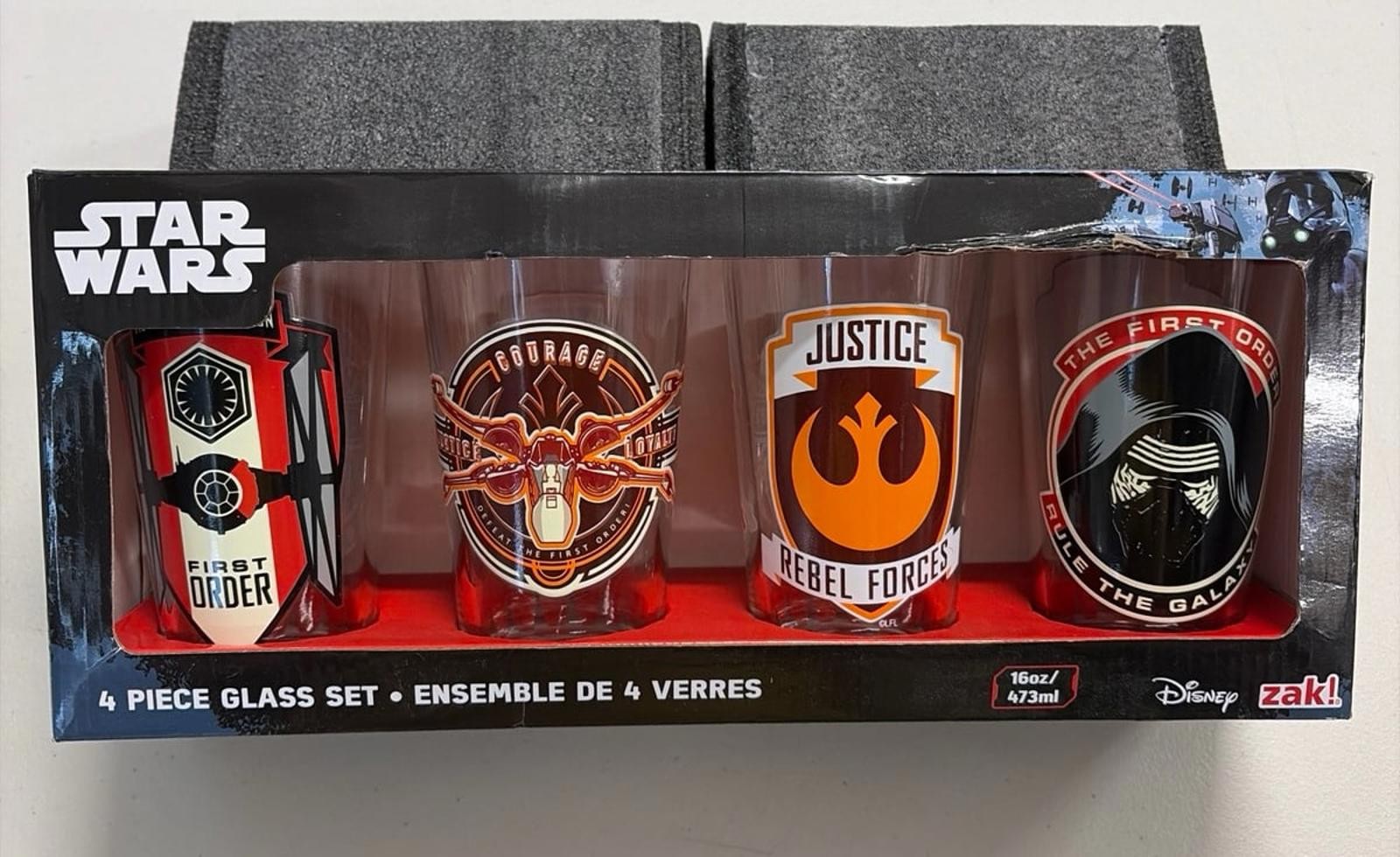 NEW Star Wars 4 Piece Glass Set. Zak Disney 16 Oz