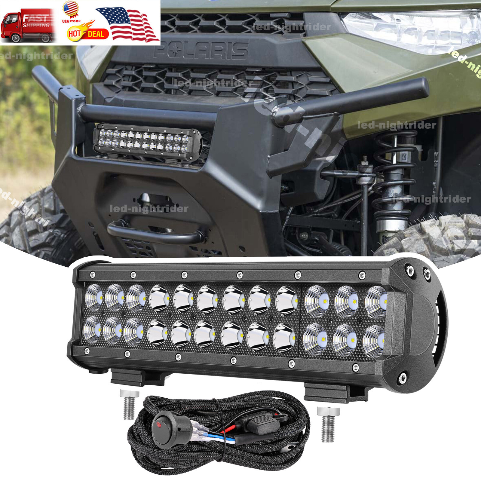 FOR Polaris Ranger XP 1000/1000 Crew UTV 12" LED Work Light Bar Combo+Wiring Kit