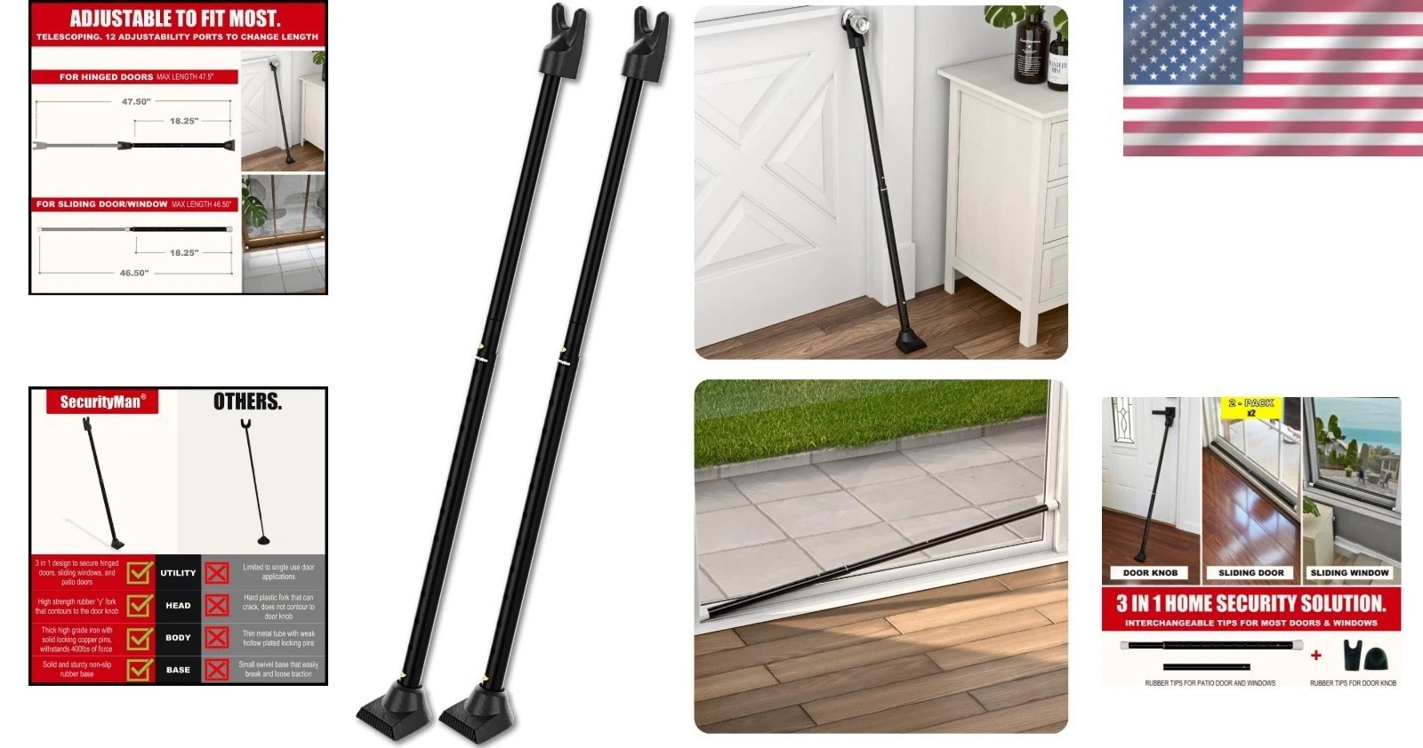 Versatile Iron Security Bar Set - Adjustable Door Stopper & Lock Bar - 2 Pack