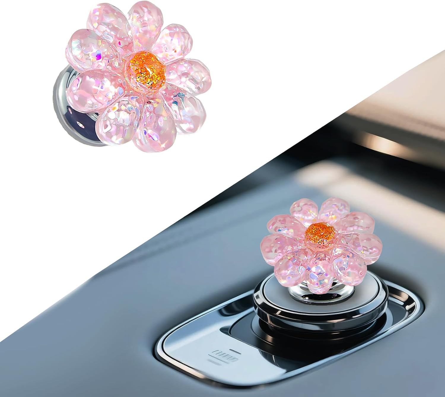 Push to Start Button Cover - Daisy Resin Engine Start Stop Cover, Bling Sunflowe