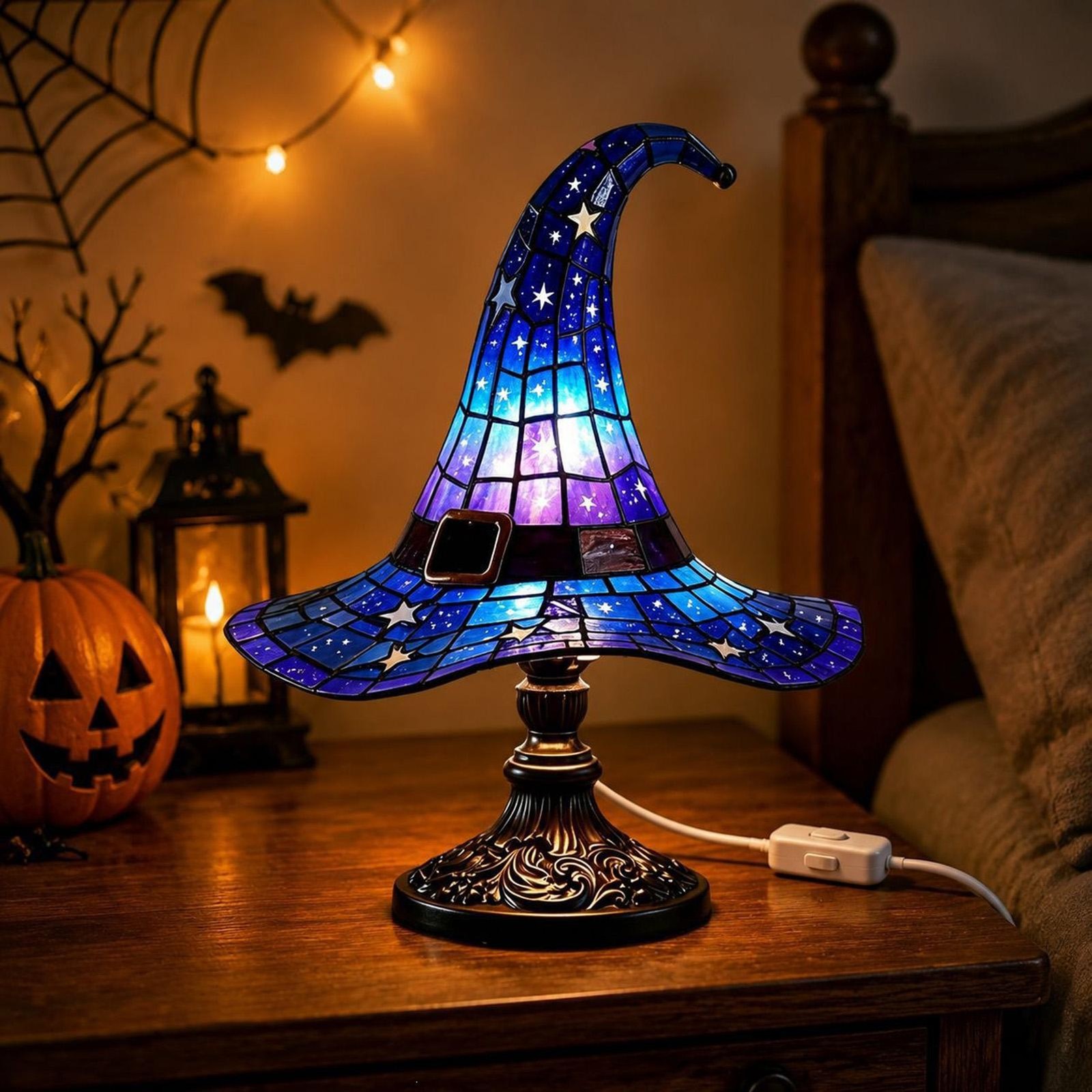 Stained Resin Witch Hat Lamp,USB Powered Gothic Wizard Hats Night Light