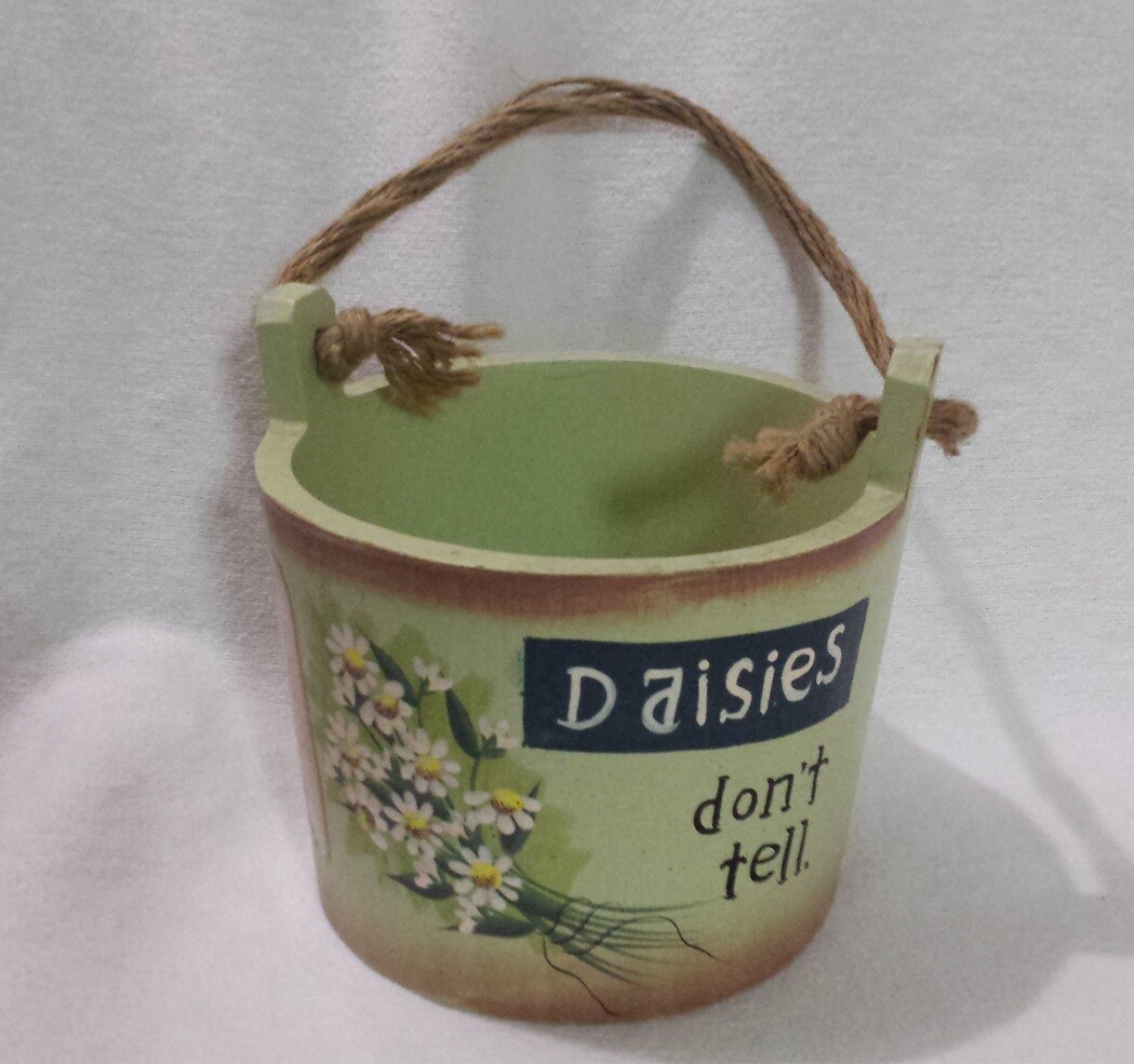 Green Round Toleware Wooden Bucket 4.5" w/Handle Daisies Don't Tell for Planter