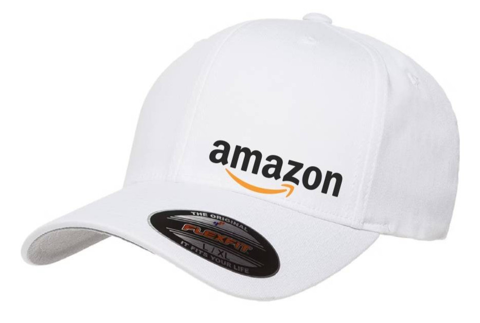 Amazon Logo Cap DTF White 5001 Flexfit Baseball Hat S/M and L/XL