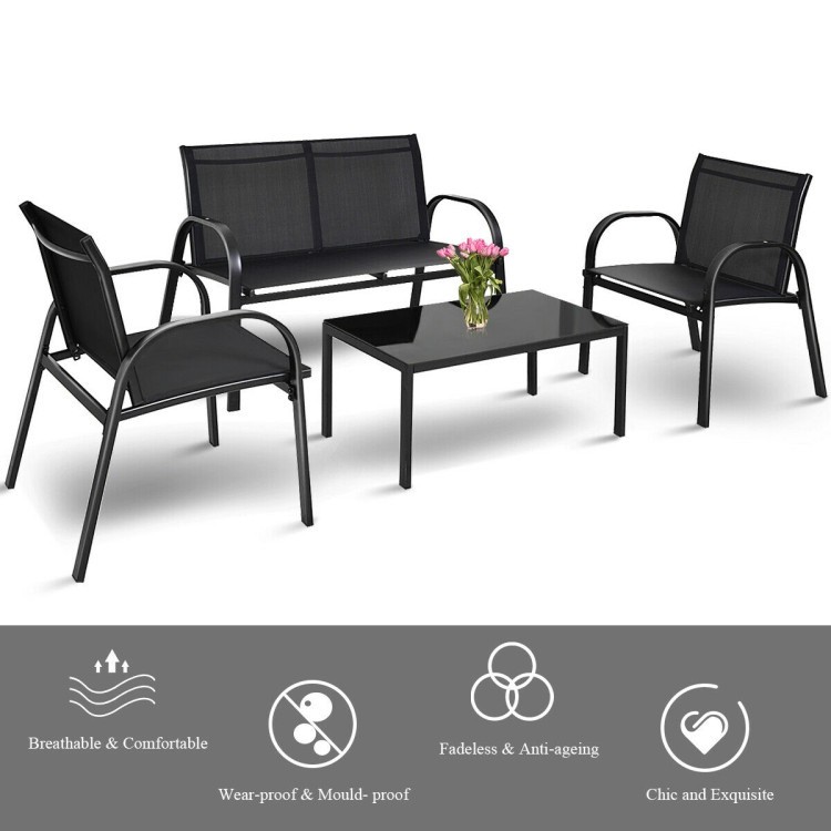4-Piece Modern Patio Set: Steel Base, Fabric Seats, Tempered Glass Table