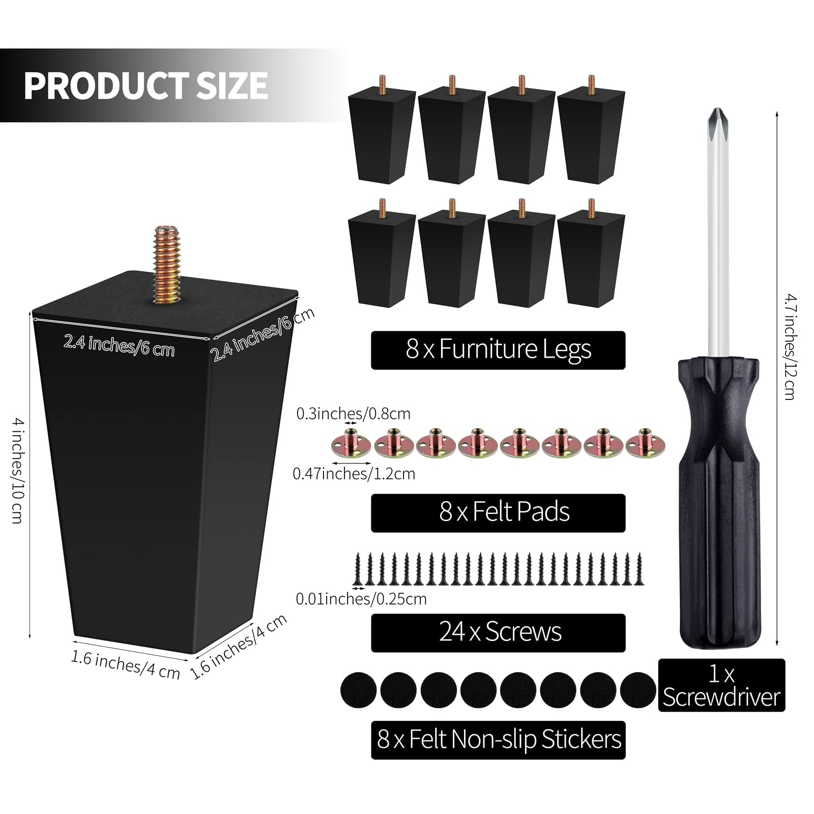 TURSTIN Set of 8 Furniture Legs 4 Inch Square Solid Wood 4 Inches, Black
