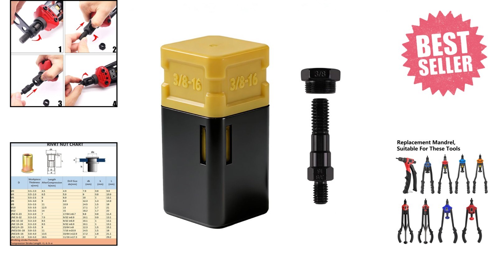 1-3/8"-16 Rivet Nut Replacement Mandrel Set - Fits Standard Nut Riveters