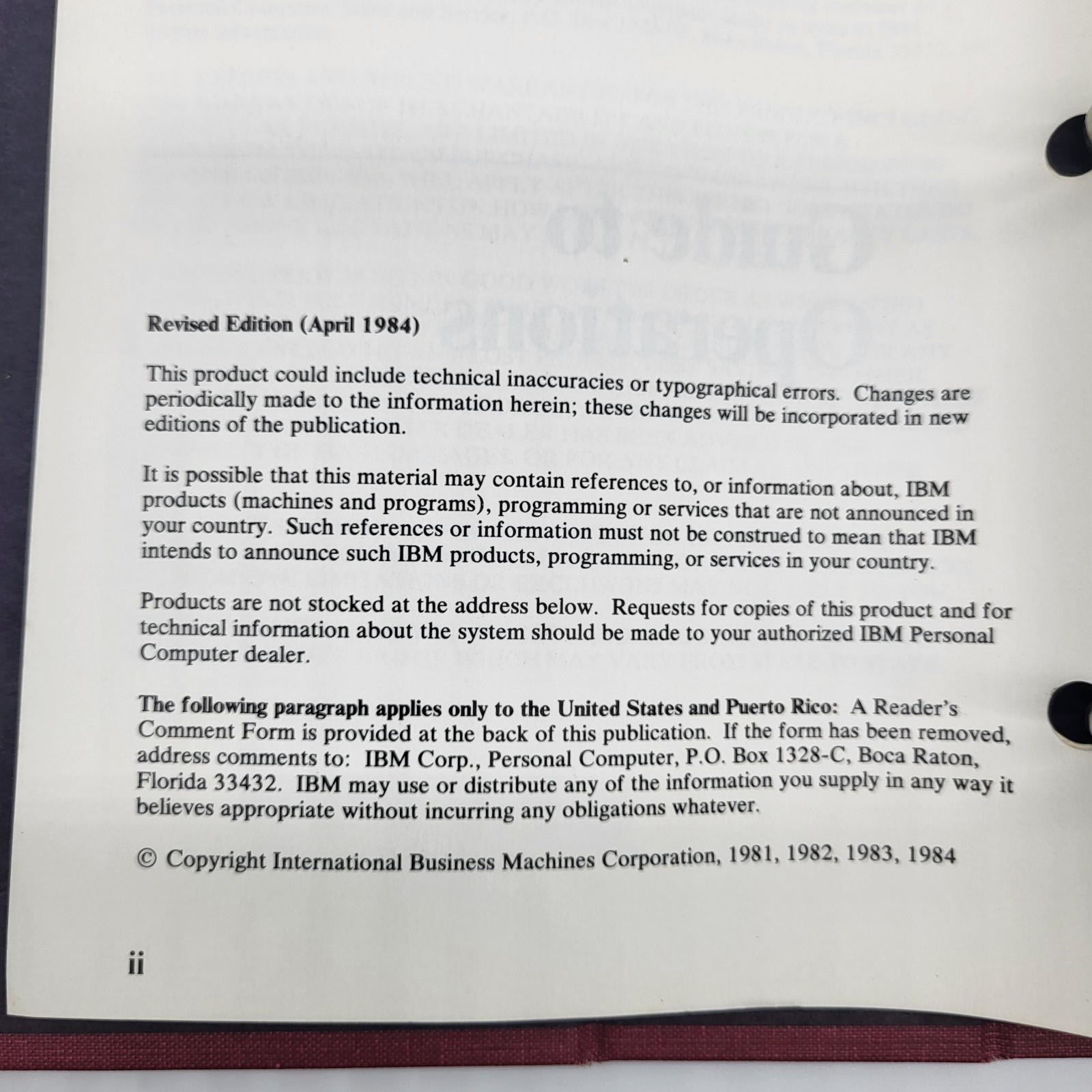 IBM Guide to Operations Personal Computer Hardware Reference Library 6322510