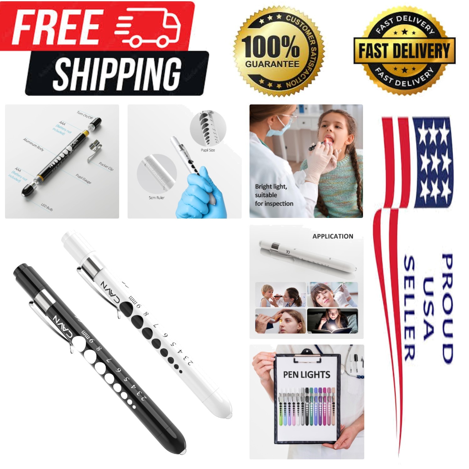 2 Pcs LED Medical Penlight with Pupil Gauge for Nurses and Doctors - Black/White