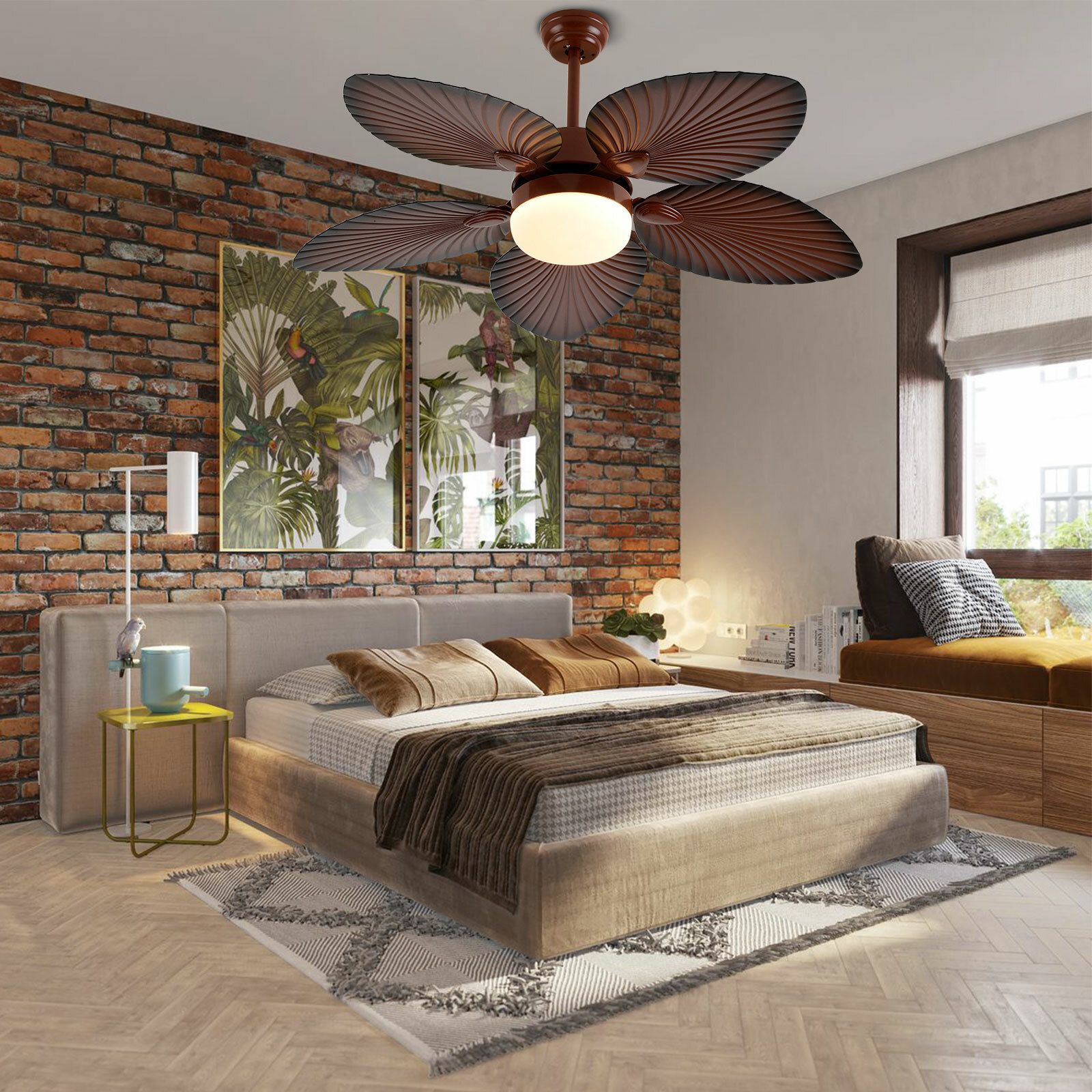 42" Tropical Palm Leaf Shape Ceiling Fan Light with Remote Control 3Color Change