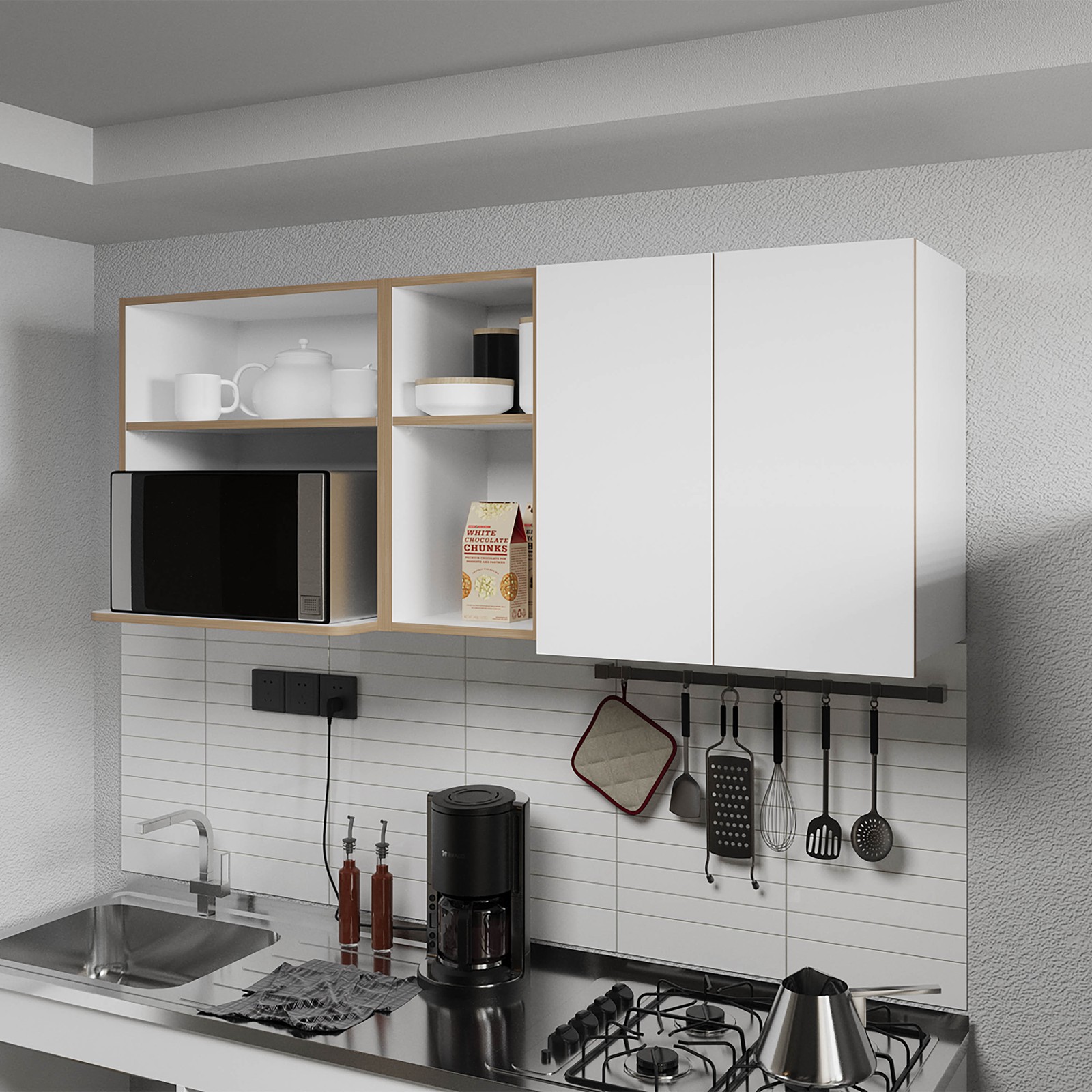 Wall-Mounted Kitchen Cabinet with Microwave Space, Open Shelves, and Double Do