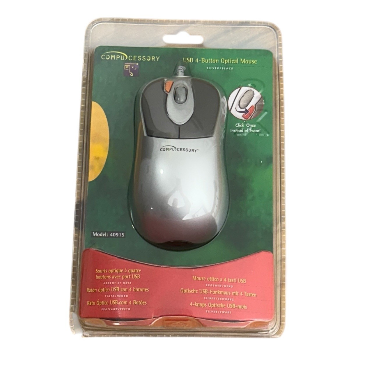 Compucessory USB 4-Button Optical Mouse Wired Model 40915 Silver Black Sealed