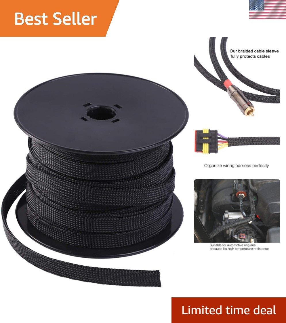 High-Temperature 100ft Black PET Wire Sleeving - Expandable and Flexible Design
