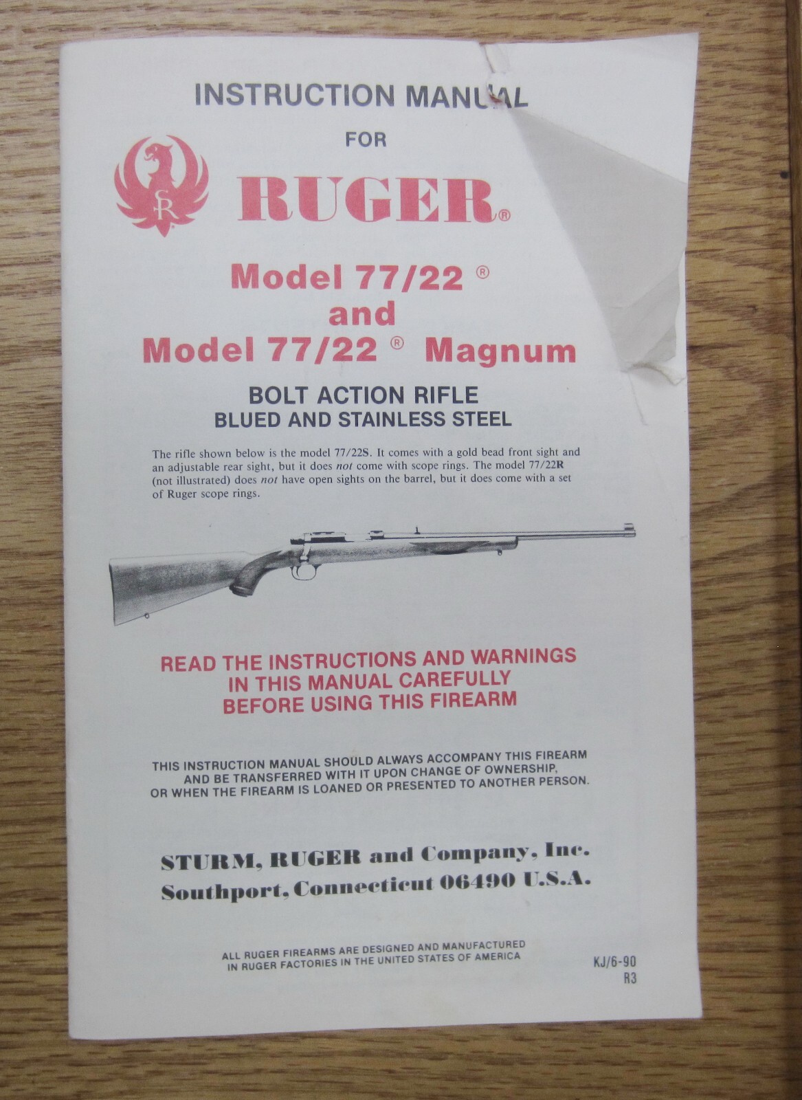 Ruger 77-22 Magnum Factory Instruction Manual