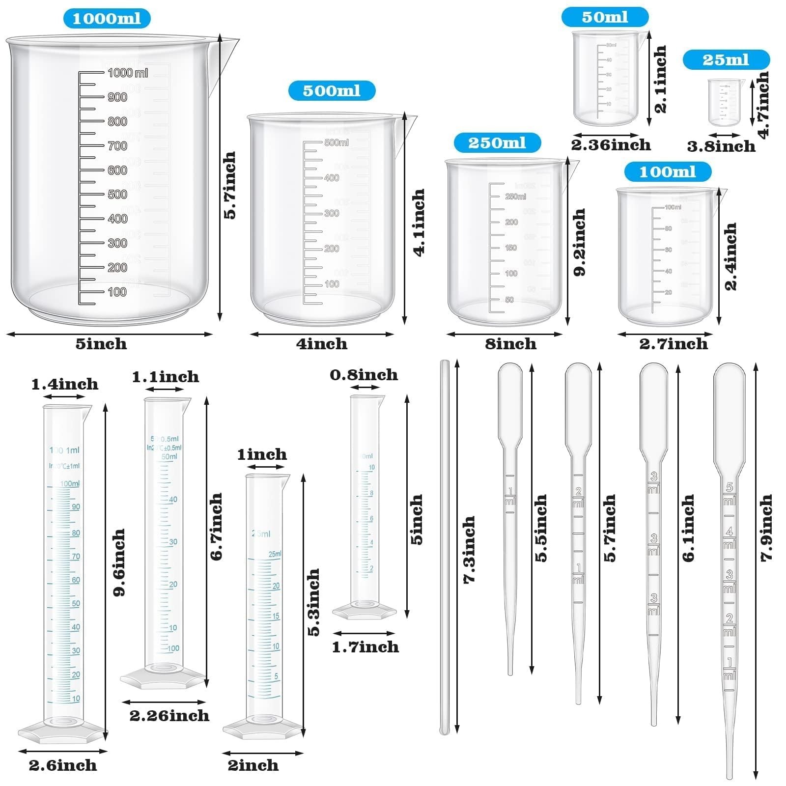 23Pcs Graduated Cylinders Beakers Set 6 Clear Plastic Graduated Cylinders 25/...