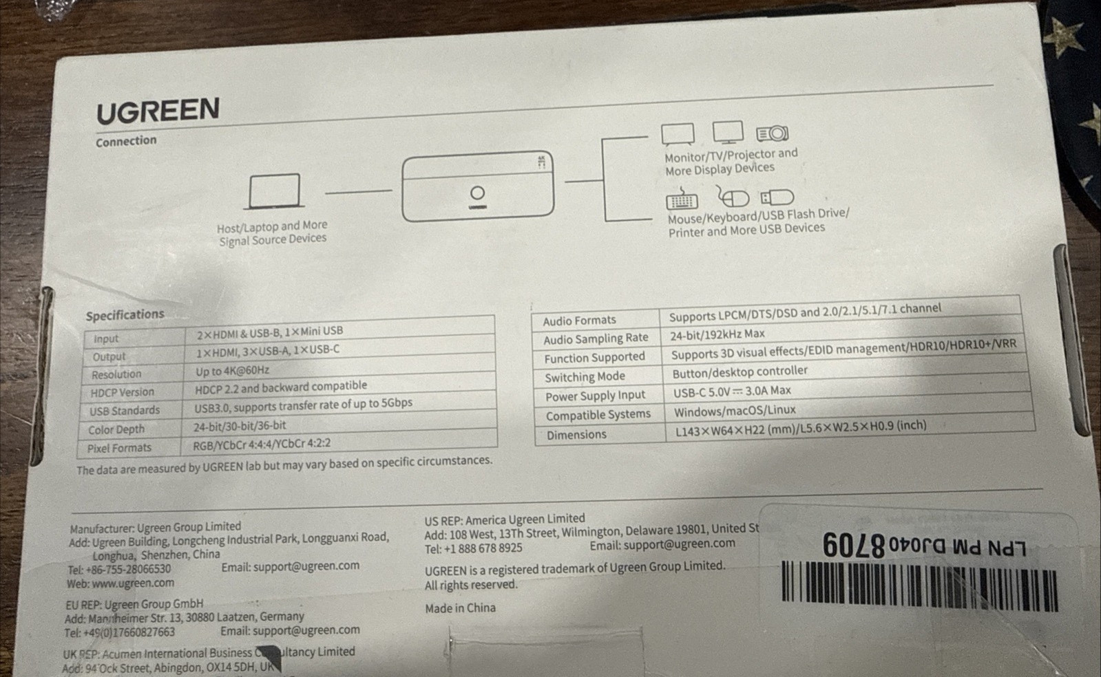 UGREEN HDIM KVM SWITCH 2-1 OUT Open Bx Amazon Return