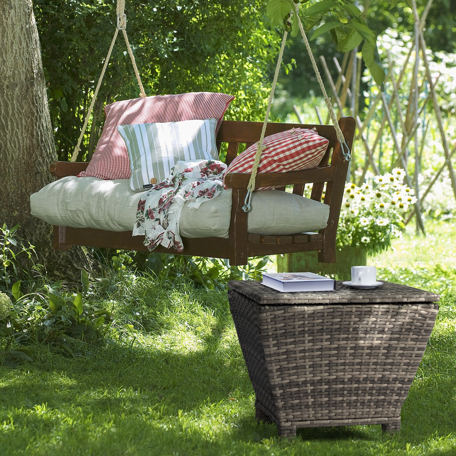 Outdoor PE Wicker Side Table with Storage, Small Patio Storage Bin