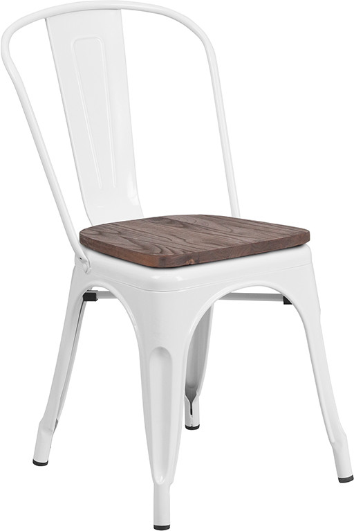 Industrial Style White Metal Stackable Restaurant Chair with Wood Seat