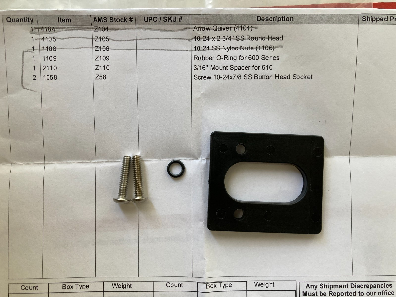 AMS Bowfishing Reel Parts: Z110 Mount Spacer, 2x Z58 Screws, Z109 Rubber O-ring