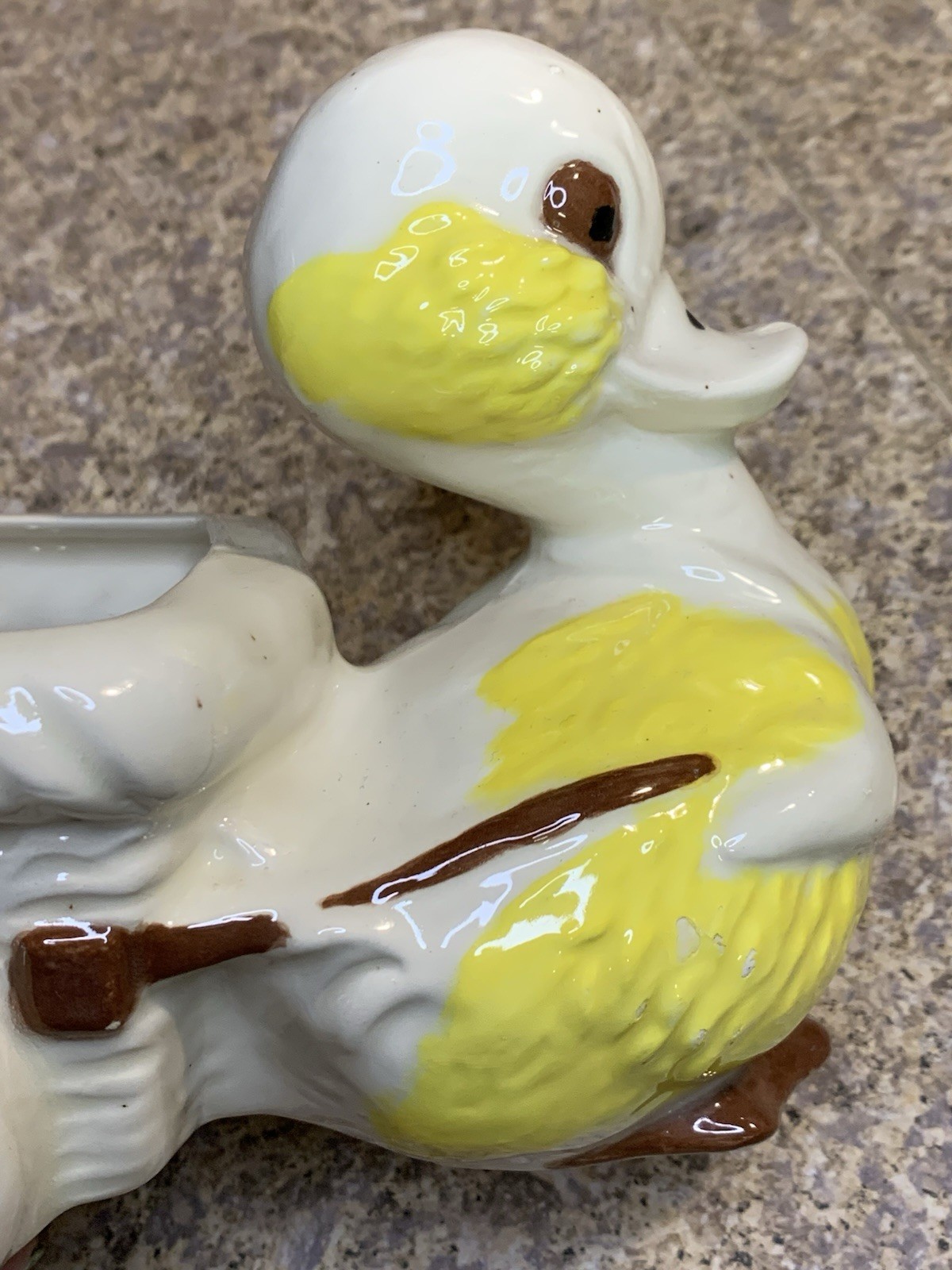Vtg MCM Glazed Ceramic Duck Pulling Cart Planter - READ