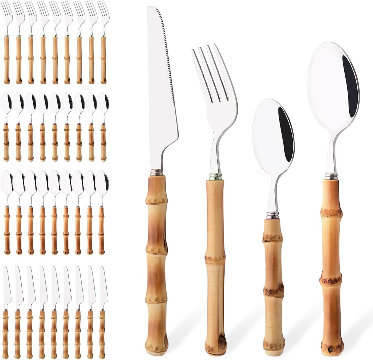 40PCS Silverware Set 10 Bamboo Handle Flatware Set Stainless Steel Cutlery Set