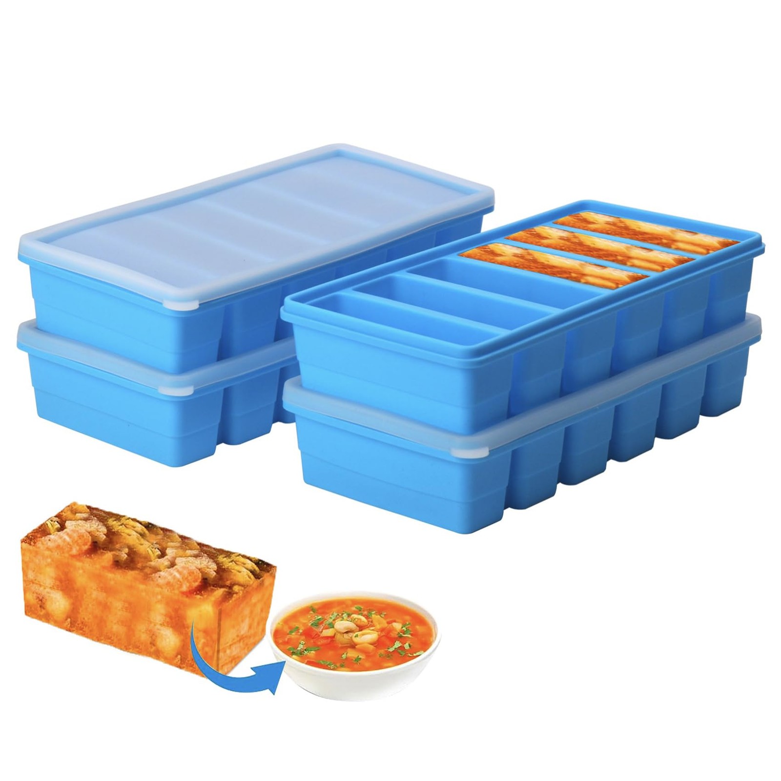1/2 Cup Silicone Freezer Tray With Lid - Molds 4 Pack For meal prep & freezing