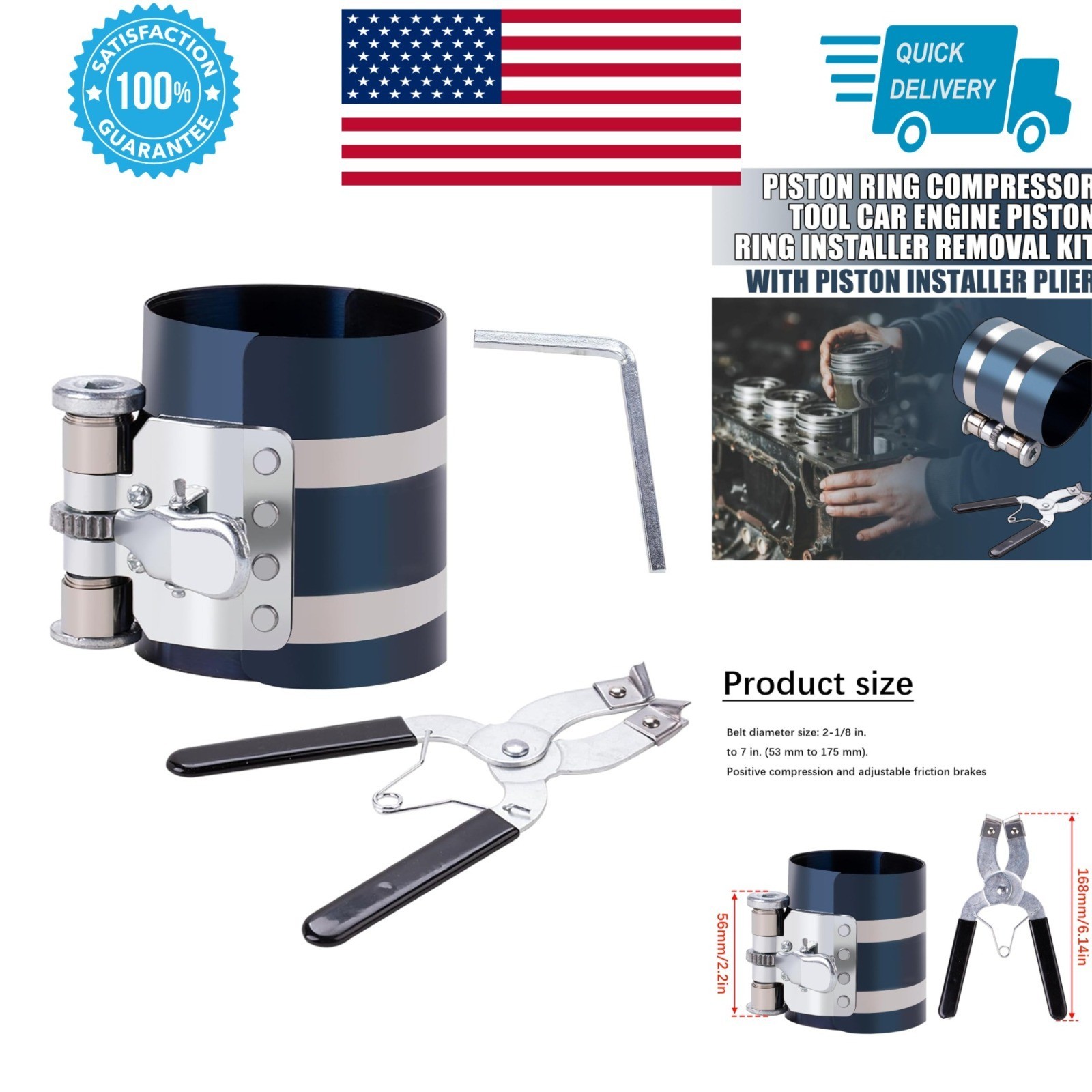 Piston Ring Compressor Tool Kit Adjustable 2-1/8" to 7" with Plier