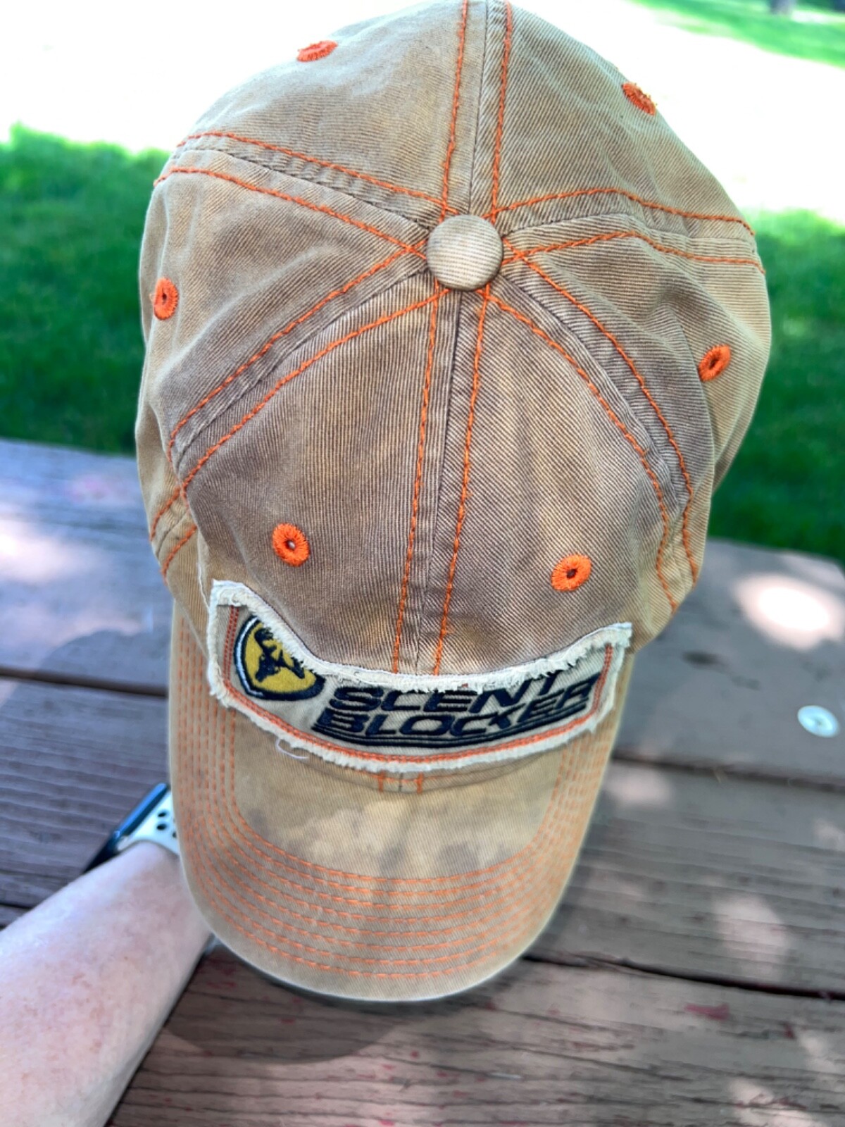 Scent Blocker Logo Patch Gold/Orange Hat Cap Strap Buckle Distressed Good Cond.