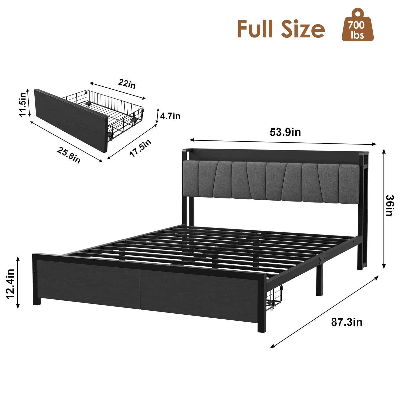 📶Full/King Bed Frame with Storage Headboard 2 Large Drawers and Charging Statio