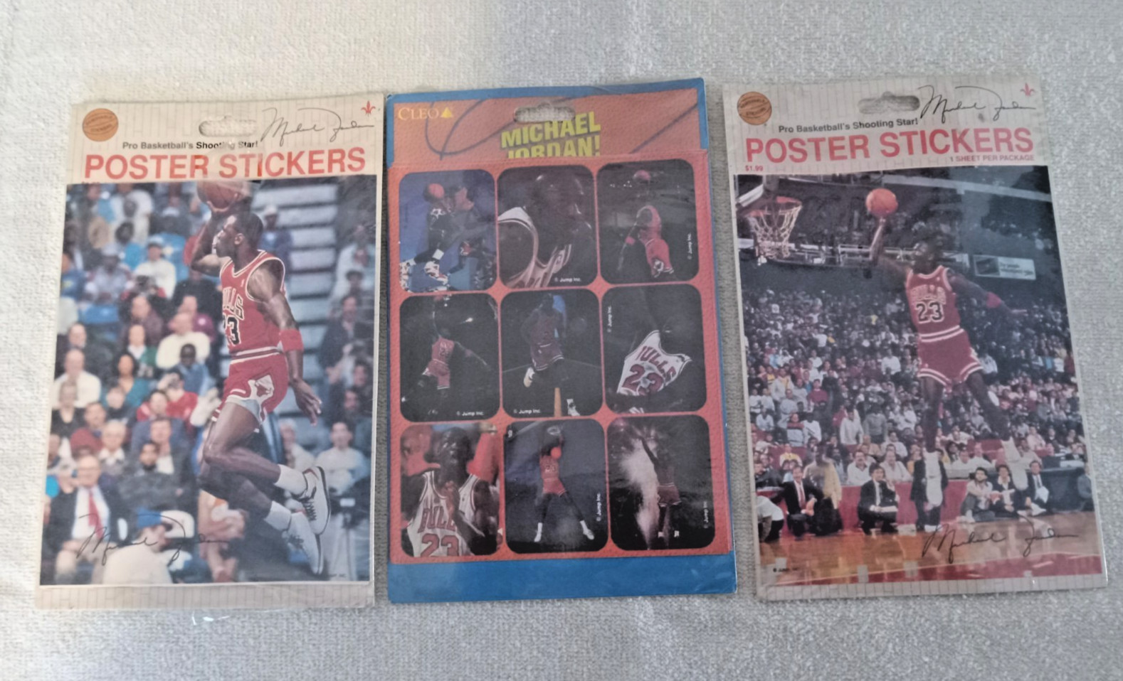 VINTAGE MICHAEL JORDAN STICKERS PACKAGE LOT OF 3 CLEO, GIBSON, JUMP INC. SEALED