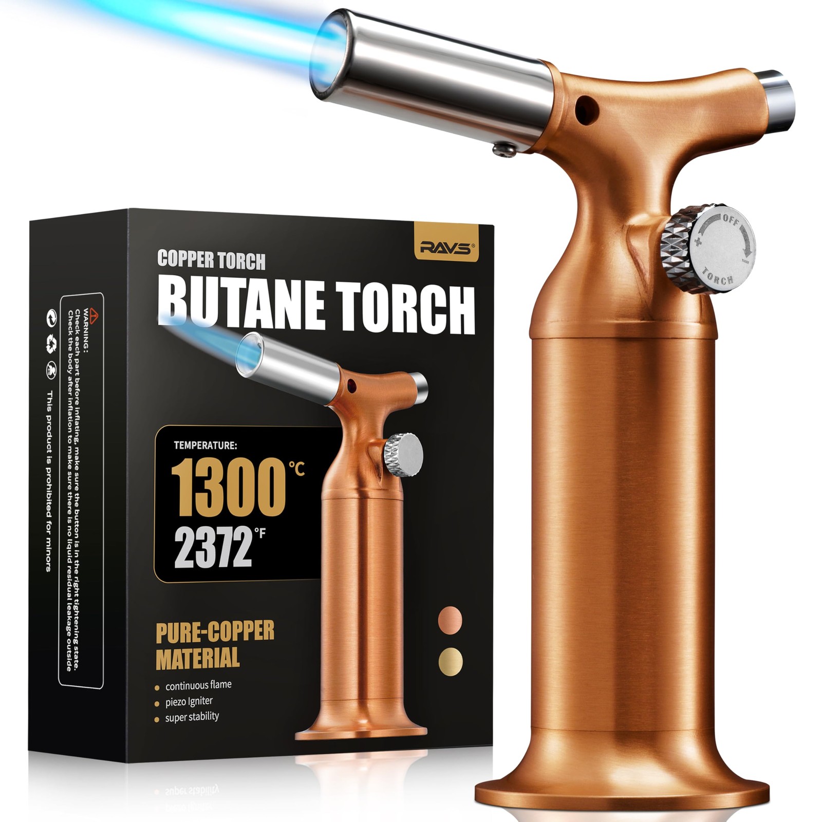 RAVS Butane Torch Lighter with Solid Copper Design, Kitchen Medium, Pink