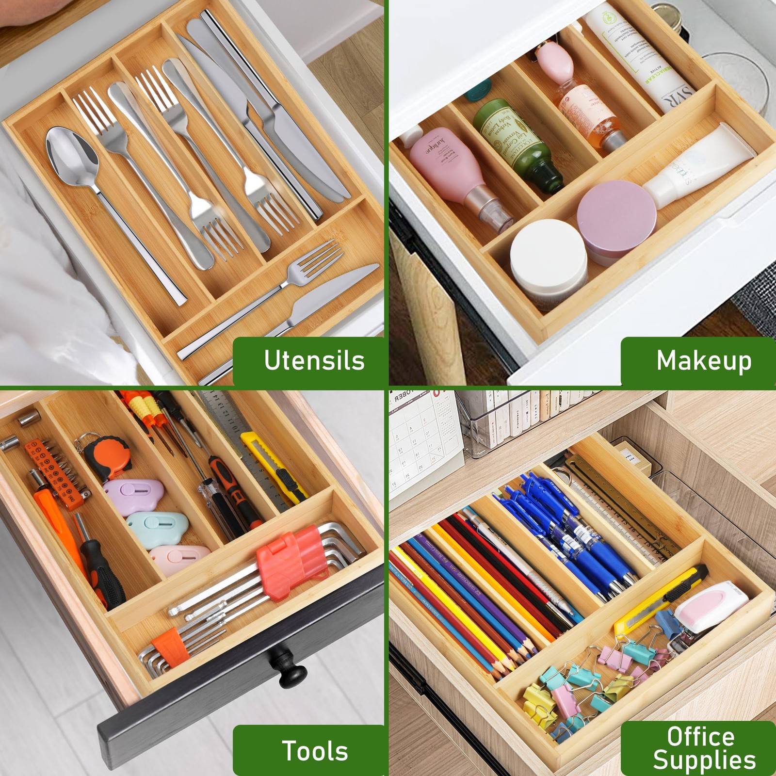 LotFancy Bamboo Kitchen Drawer Organizer, 9.5 Inch Silverware Light