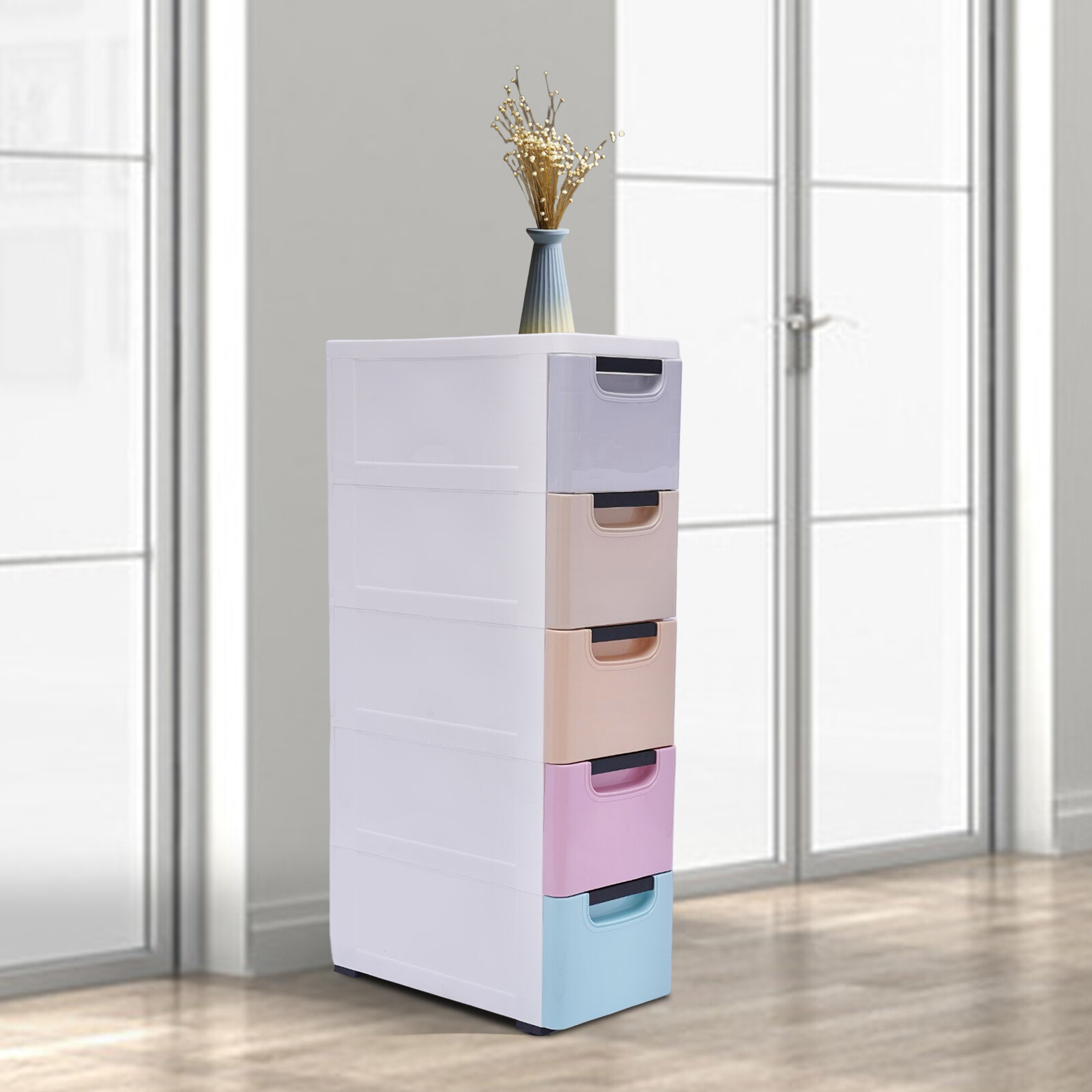Stackable Vertical Storage Cabinet Clothes Storage Box w/5 Drawers PP Plastic