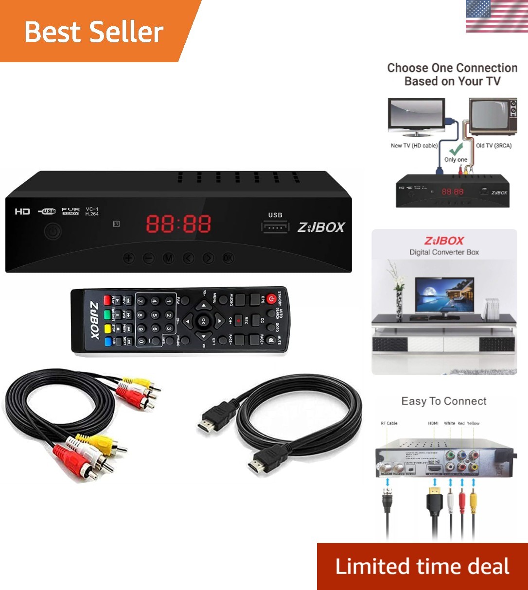 Digital TV Converter Box, ATSC Tv Tuner - for Analog HDTV Live 1080P with Rec...