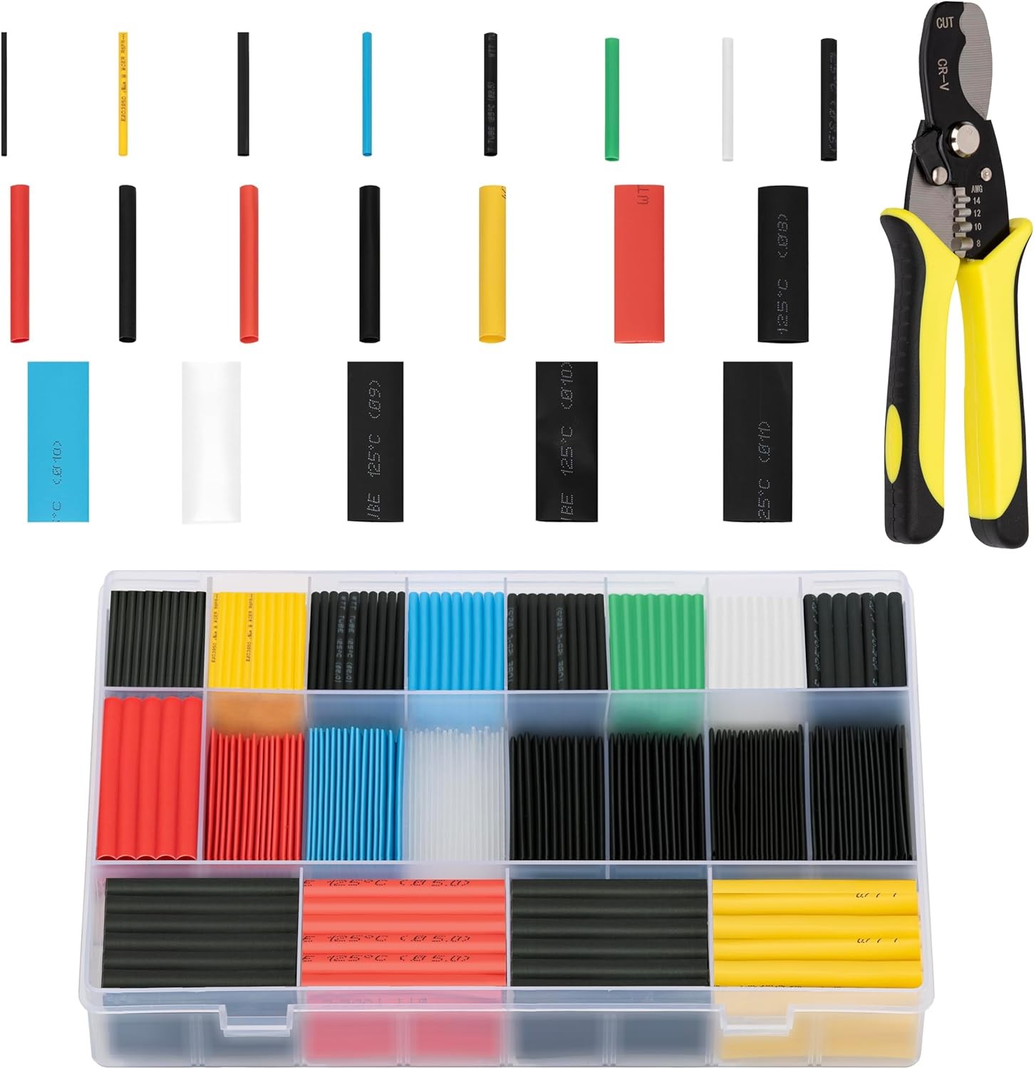 Ginsco 670 pcs 2:1 Heat Shrink Tubing Black, Red, Blue, Yellow, Green, Clear