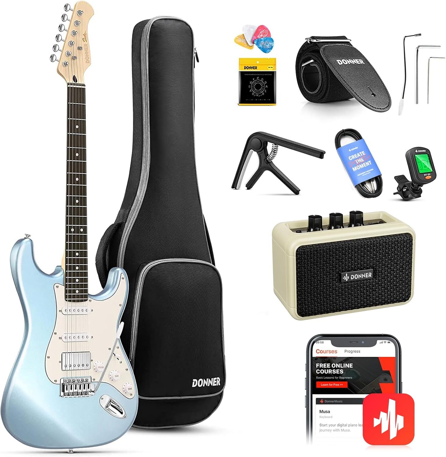 Donner 39" Electric Guitar HSS Coil Split Ice Blue Metallic Beginner Bundle
