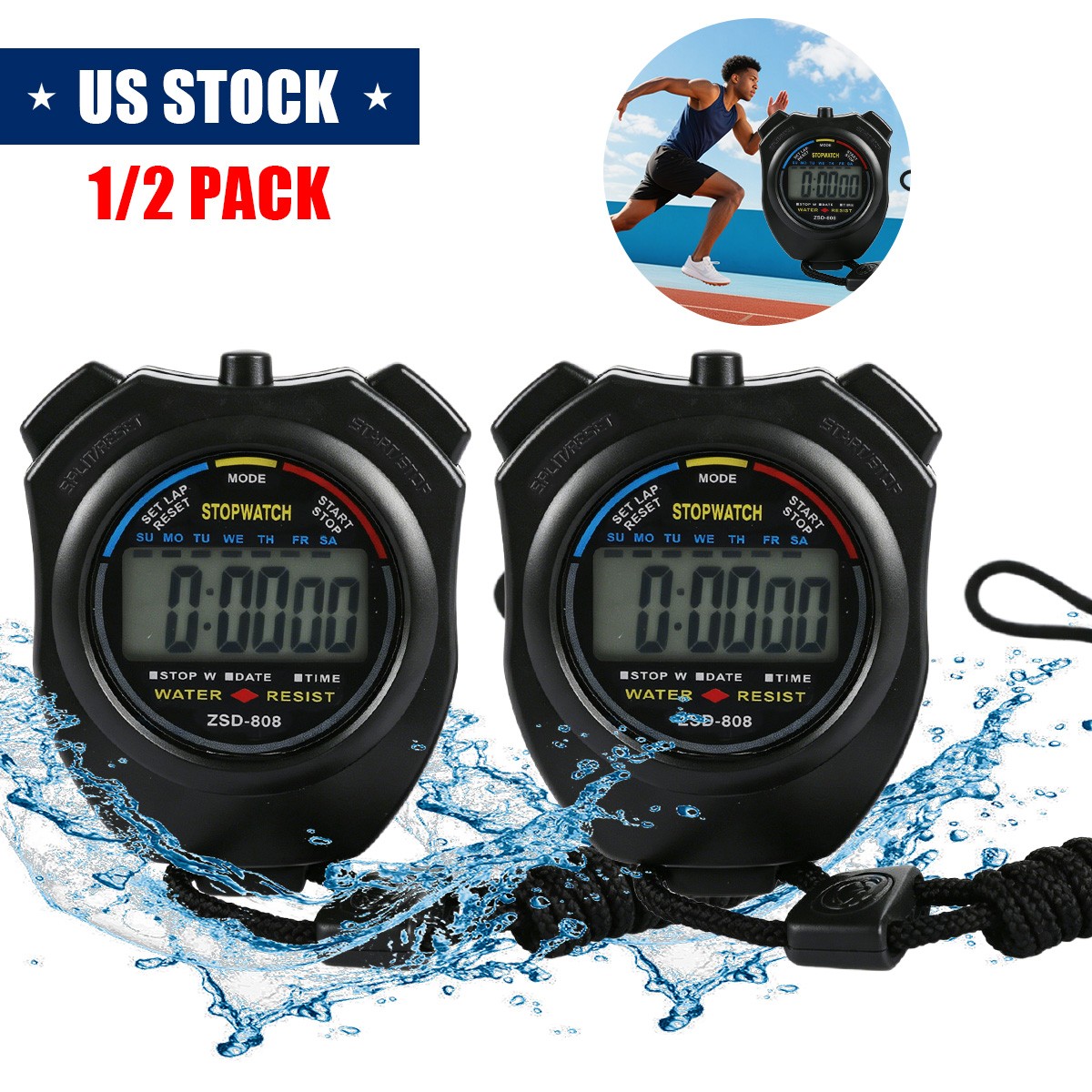 2PCS SET Digital Stopwatch Sports Counter Chronograph Date Timer Odometer Watch