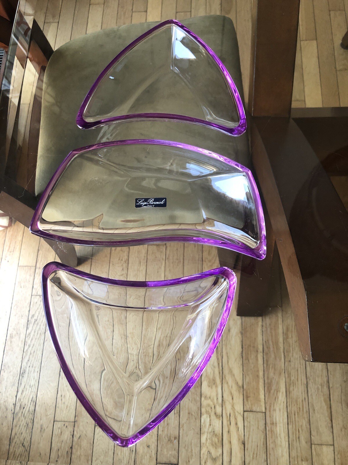 Luigi Bormioli ITALY 3-Piece Lavendar Trimmed Glass Art Deco Candy Dish