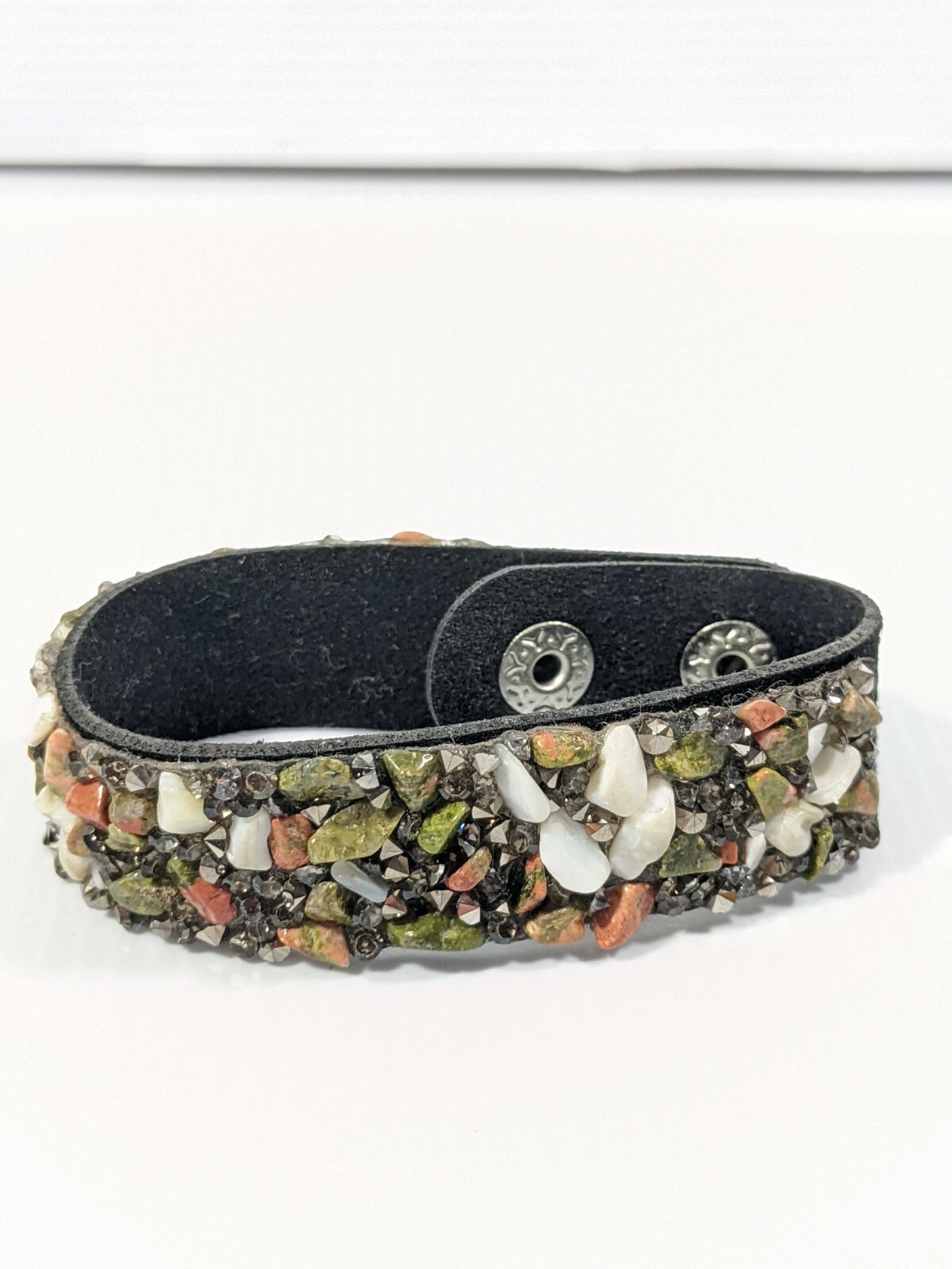 Artisan Green Peach Unakite Stone Chip Snap Cuff Bracelet 8 inches
