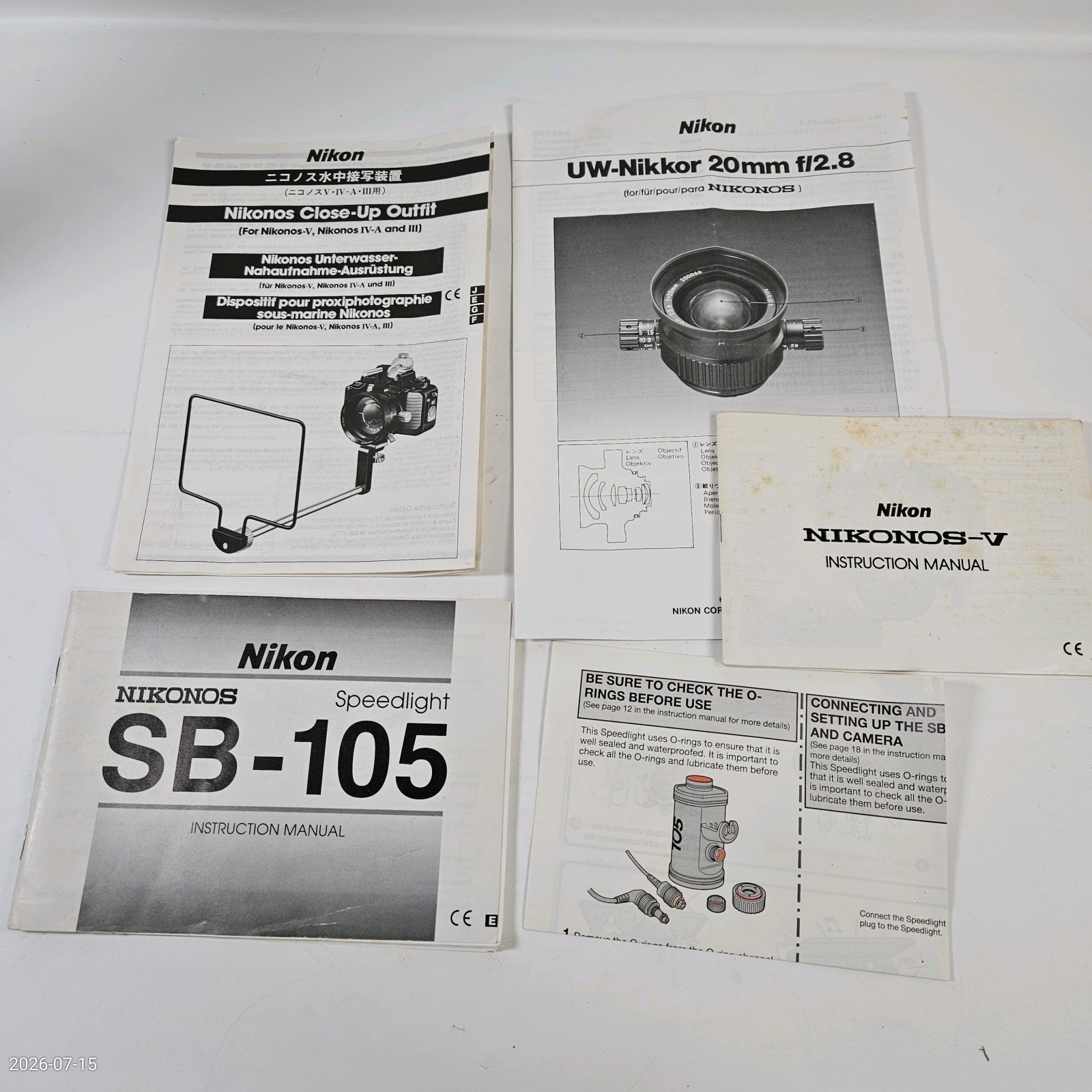 Lot Nikonos V Manuals Camera Sb-105 Speedlight Nikkor 20mm Lens Close Up Outfit