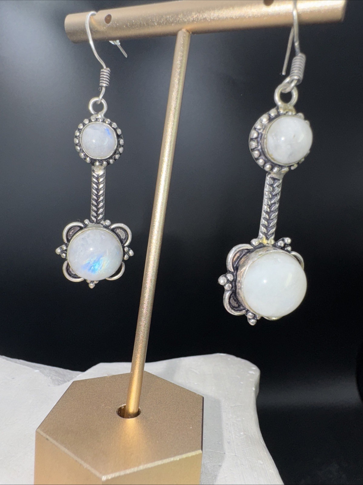 Rainbow Moonstone Gemstone 925 Sterling Silver Dangle Earrings