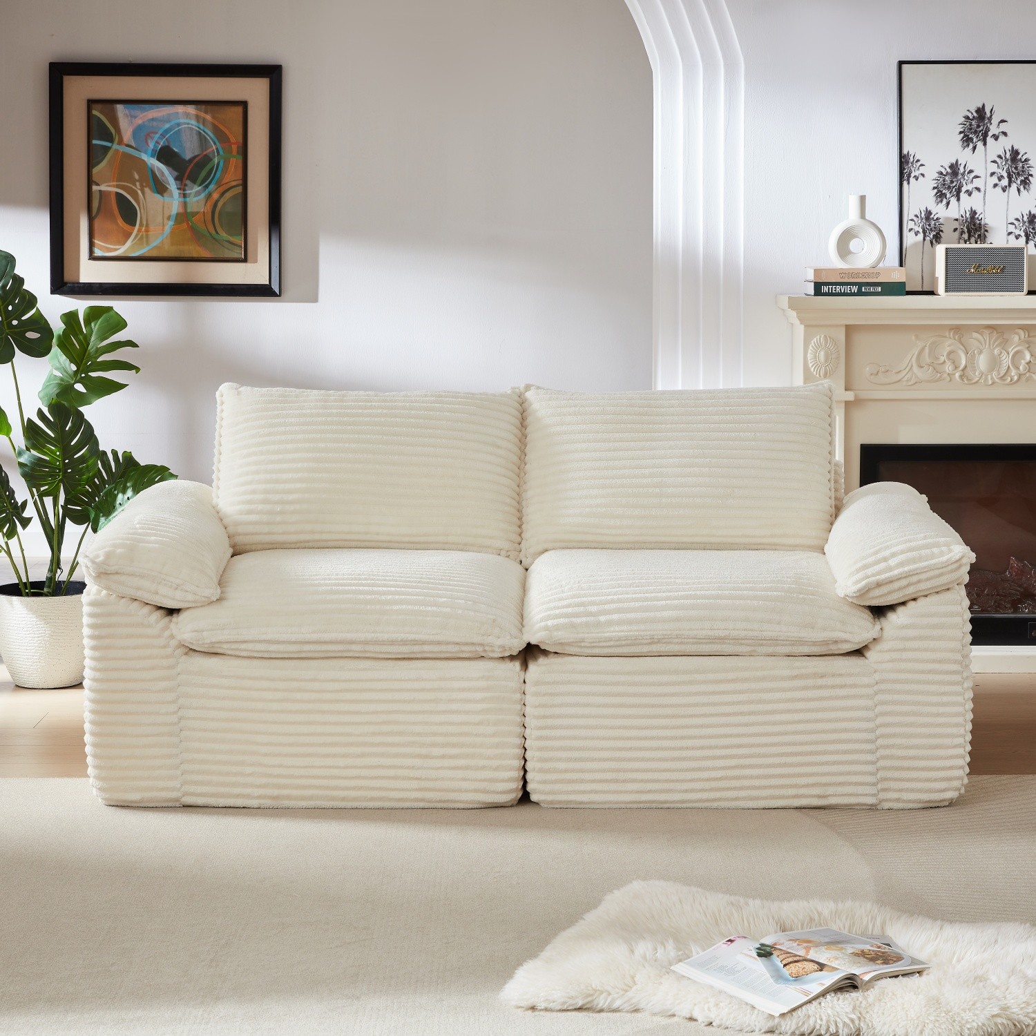 Modular Loveseat for Small Spaces Modern Corduroy 2 Seater Floor Sofa with Arms