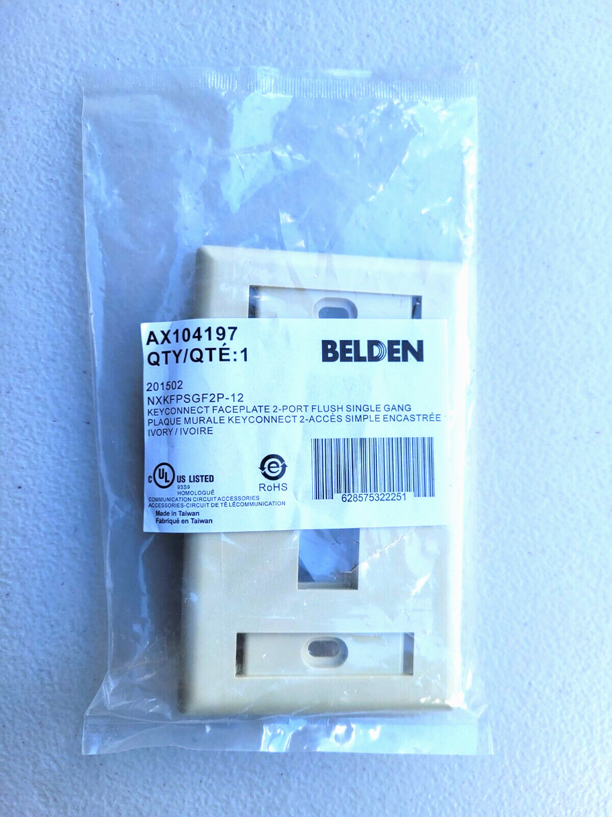 Brand New Set of 2 Belden AX104197 Keyconnect 1 Gang 2-Port Faceplate Ivory