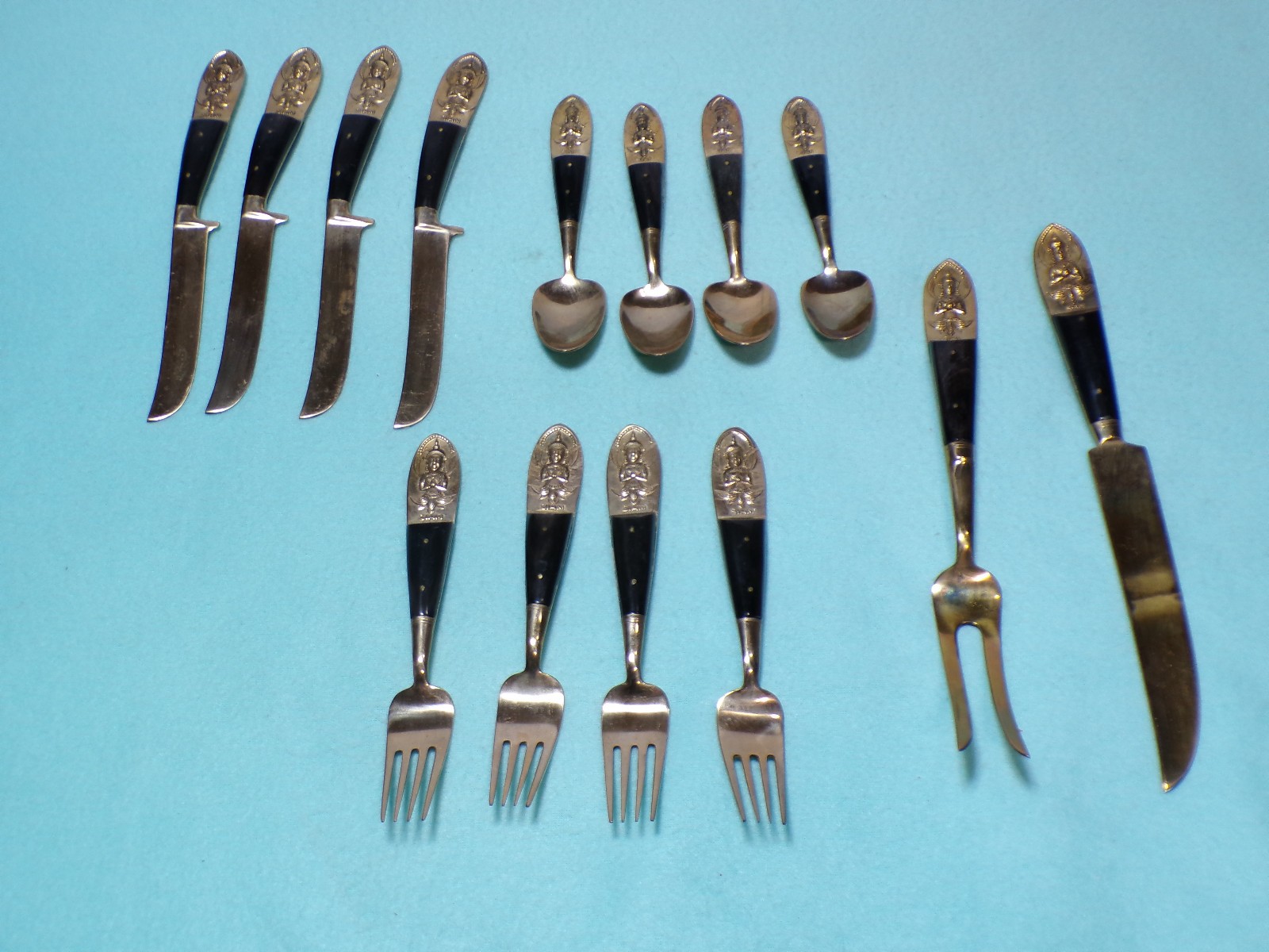 1940s Siam Bronze and Black Wood 14 Piece Flatware Setting For 4