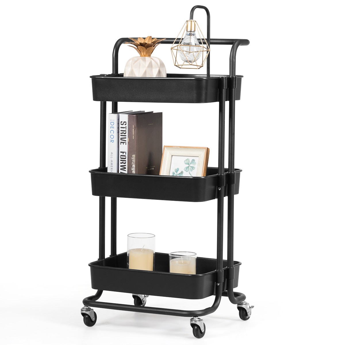 3 Tier Rolling Cart with Wheels Practical Handle & ABS Basket Organizer Black