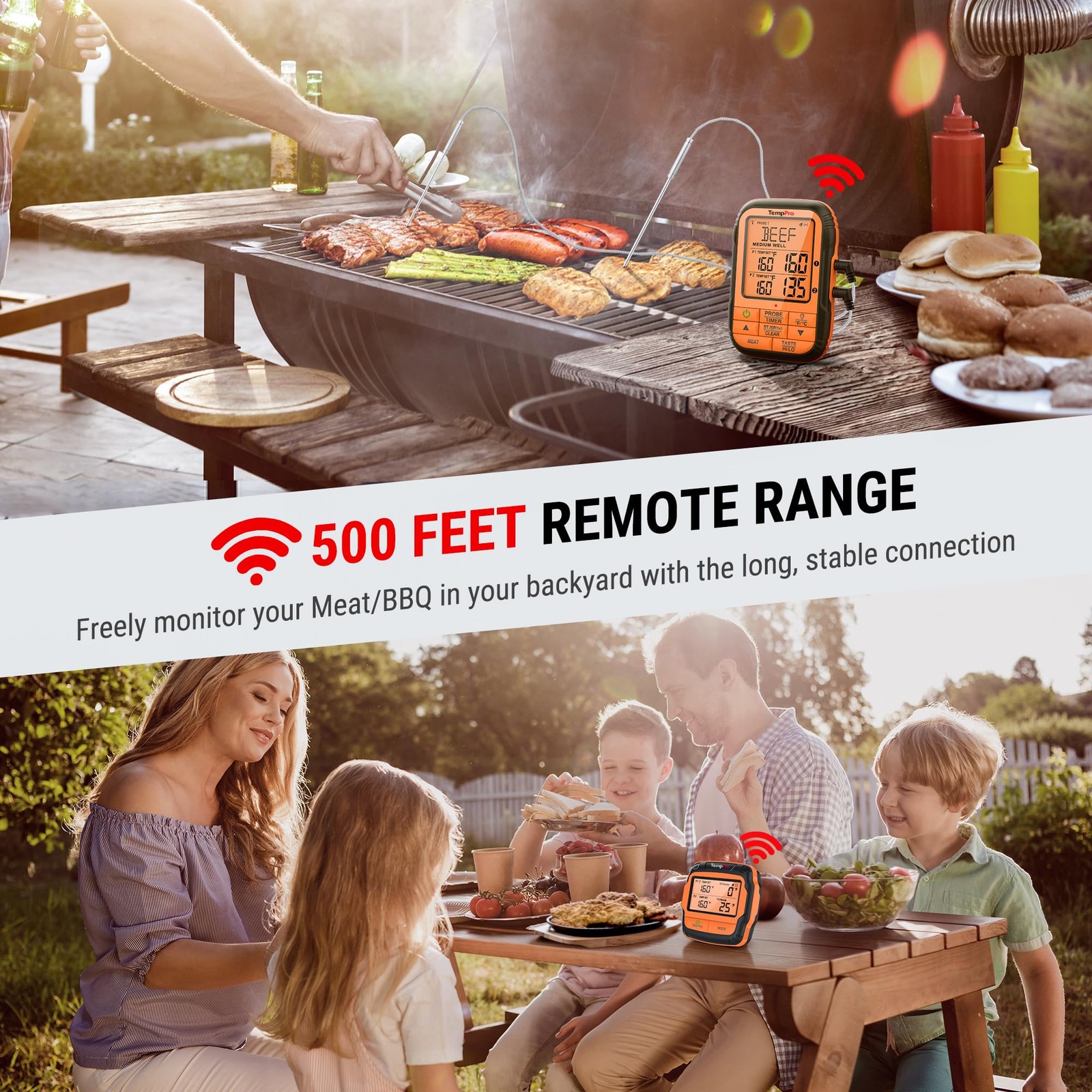 TempPro TempSync 500FT Wireless Meat Thermometer Two Probes, black or silver