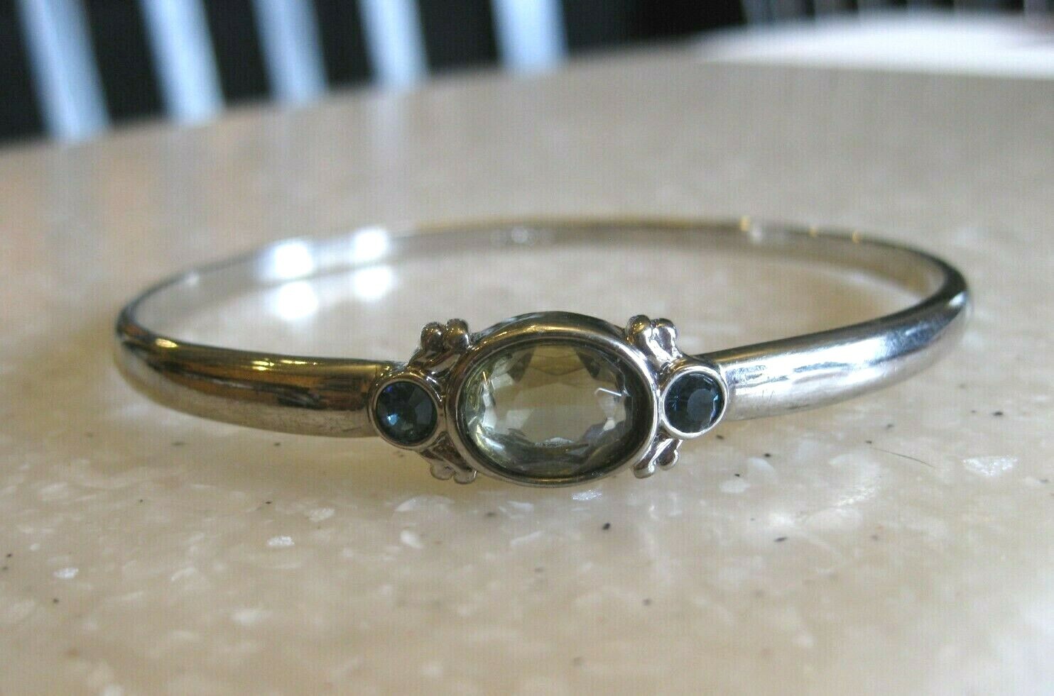 Artisan? Silver or Silver Tone Bangle Bracelet w/ Faceted Quartz? & Rhinestones