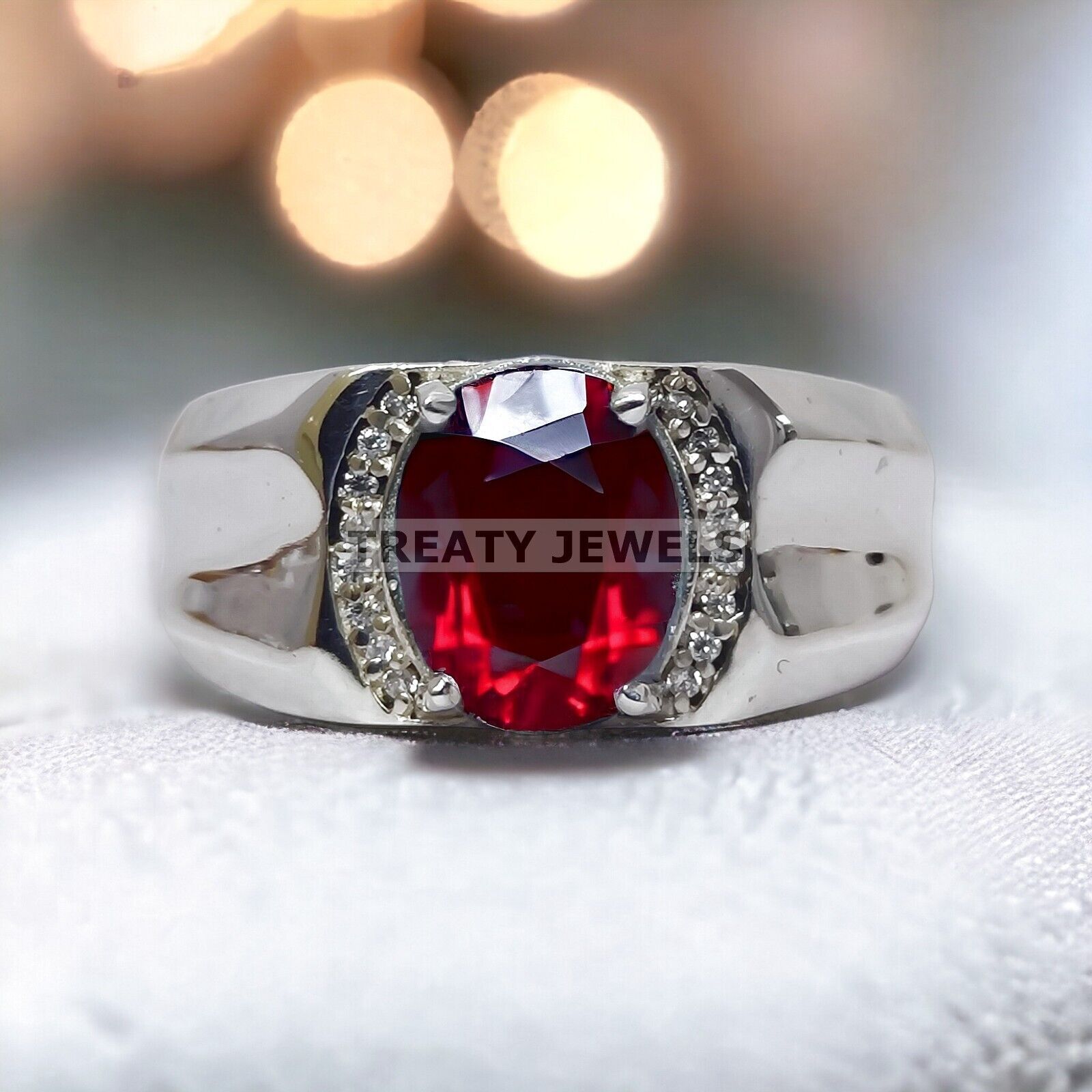 Ruby Oval Cut Gemstone With 14K Solid White Gold Ring For Men's #A40
