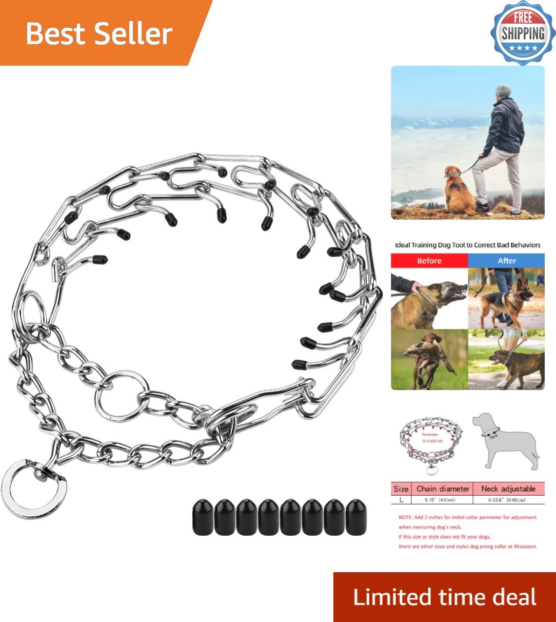 Durable Dog Prong Training Collar with Rubber Tips - Fits Large & Small Breeds