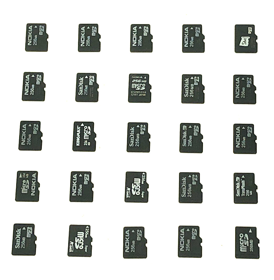 25 USED MICRO SD CARDS, ASSORTED BRANDS, 256MB