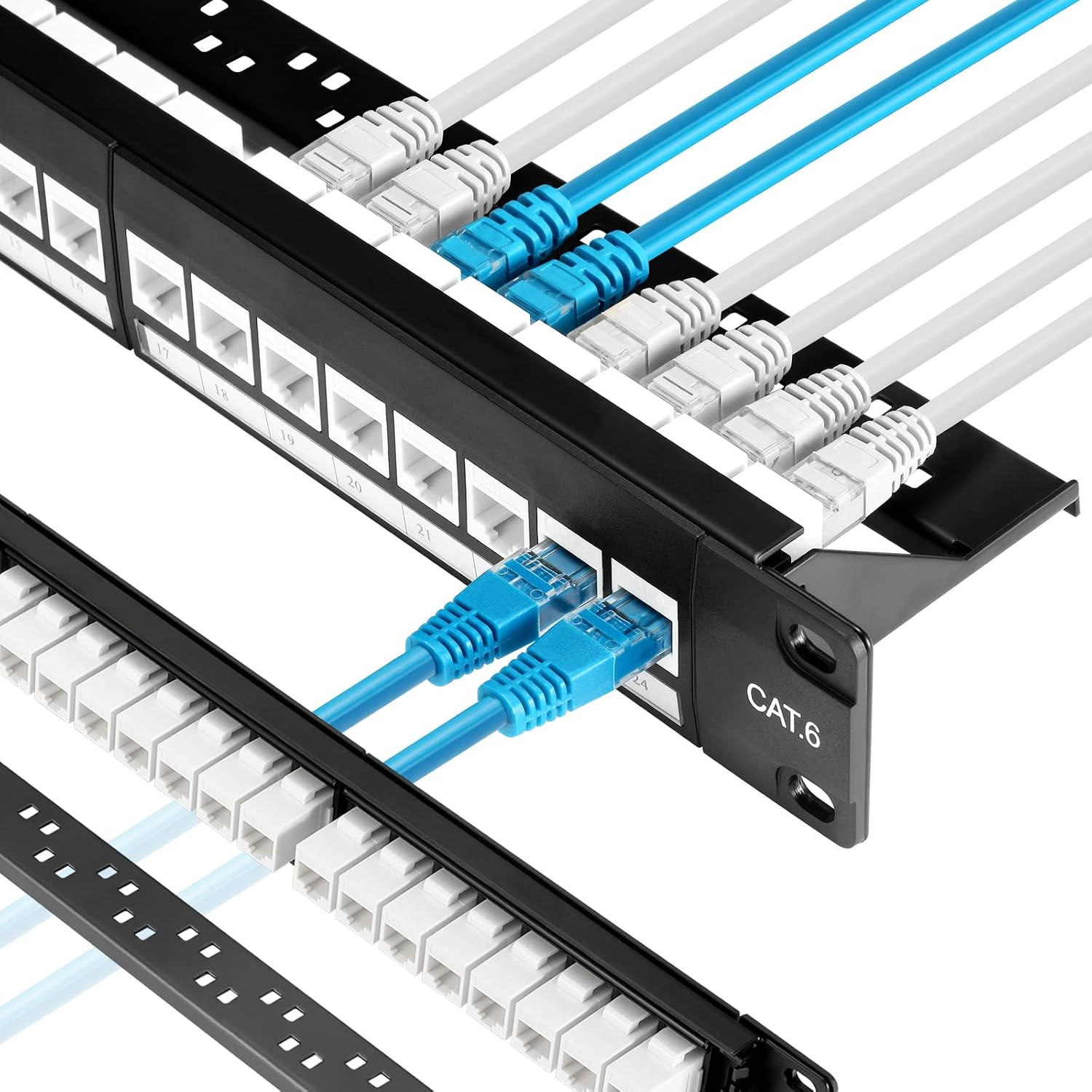Patch Panel 24 Port Cat6 with White Inline Keystone 10G Support, Pass-Thru Coupl